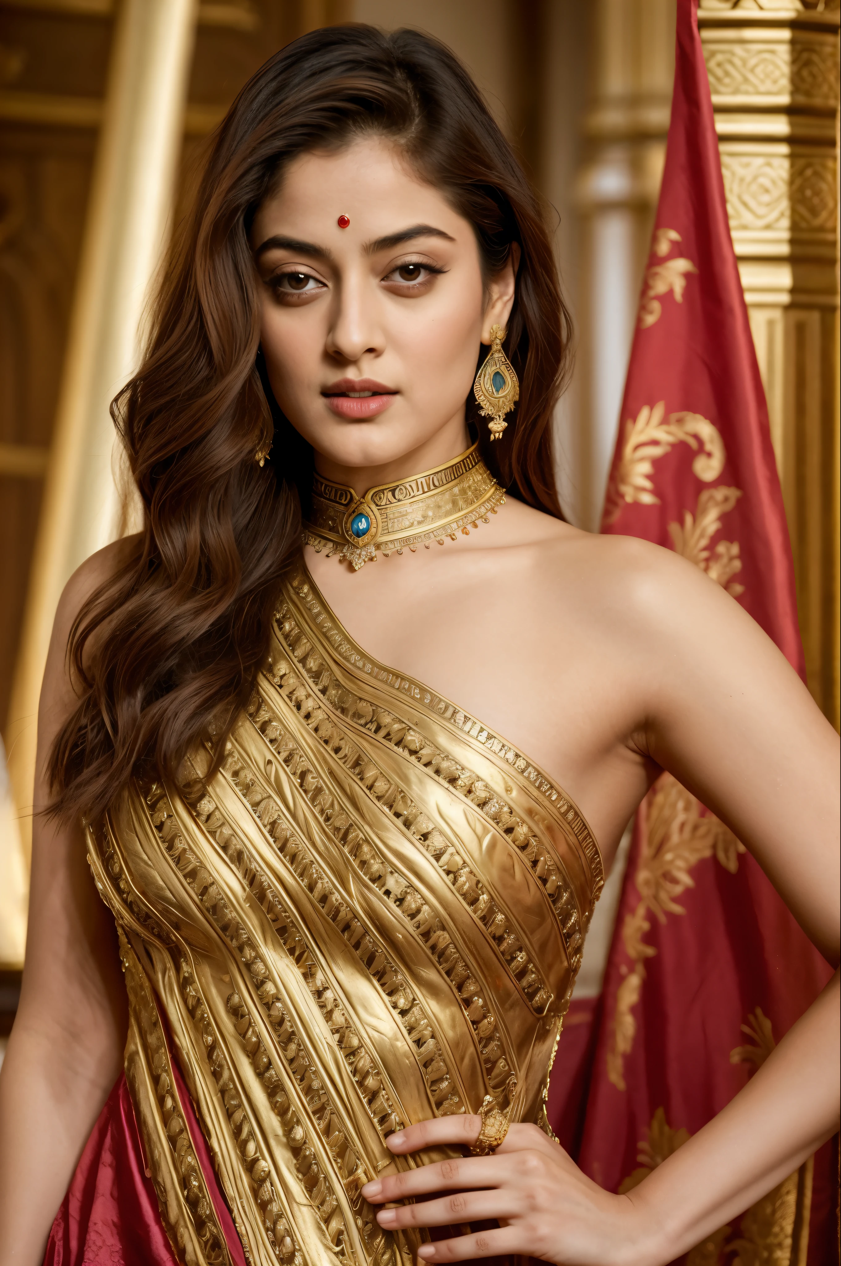 Looks like Sandeepa Dhar, "Design an illustration of a stunning and powerful warrior queen with a regal presence. She should possess a combination of strength and grace. Imagine her in ornate, yet practical armor that complements her figure. The armor should be adorned with intricate details and symbols representing her royal lineage and warrior prowess. Her weapon of choice could be a unique and elegant sword or a mythical weapon that reflects her status as a formidable leader.
Her facial features should exude confidence and determination, with piercing eyes that convey both fierceness and wisdom. The queen's hair, whether long or short, should flow dynamically, hinting at her movement in battle. Consider incorporating elements that emphasize her connection to nature or a mythical realm, such as ethereal backgrounds, symbolic animals, or mystical symbols.
Pay attention to the color palette; use rich, bold colors that enhance her royal aura. Experiment with lighting to highlight specific details and create a sense of drama. Ensure that her posture and expression capture the essence of a queen who commands respect and admiration. Feel free to draw inspiration from historical warrior queens or fictional characters, blending elements to create a unique and captivating image."