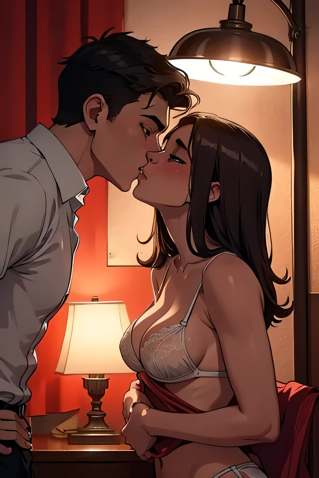 Young boy shirtless kissing woman wearing unbuttoned sheer white shirt and sexy red lingerie underneath, intense scene, dark room, one lamp, warm lighting, very erotic, sweaty, lustful, passionate, making out