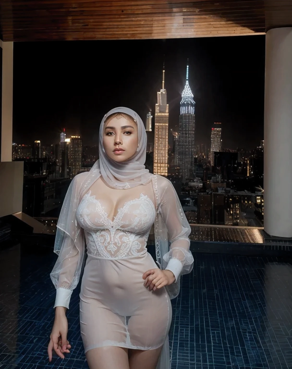 best quality)) ((masterpiece)), intricate detail, ((almost )), sharp focus, professional, realistic, real life, hyperreal, photorealistic, fine detail, best quality, very Detailed CG unity 8k, see through dress, transparent dress , big breasts , tight dress,hijab girl, Sexy thighs