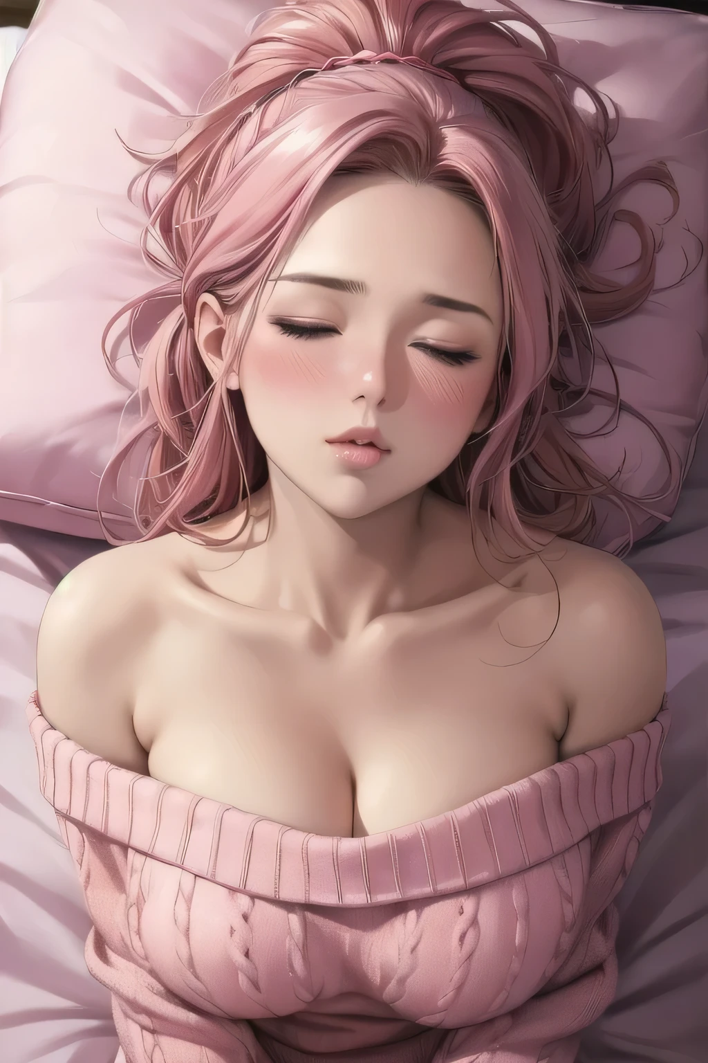 Sexy woman, eyes closed, mouth open, very deep blush, tip of the nose is red, long neck, off shoulder pink sweater, medium chest, visible cleavage, bedroom, warm lighting , lying on bed, head on pillow, facing up