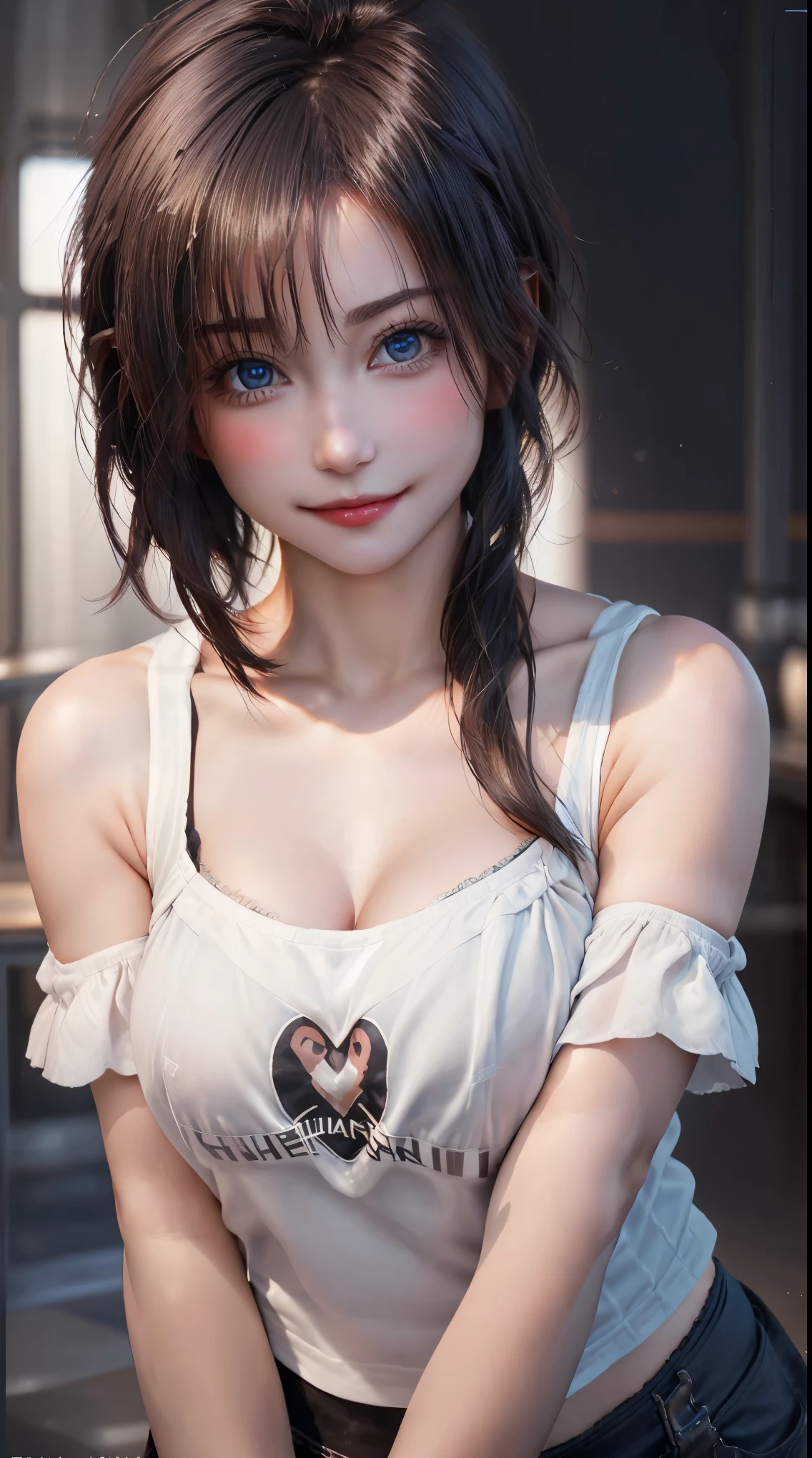 Best Quality, Ultra High Resolution, (Photorealistic: 1.4), Beautiful Eyes, Super Beautiful, Very Short Hair, Beautiful, Sweetheart, T-shirt with Rough Chest, Eyes That Invite Viewer, Lover's Perspective, Inviting Expression, Sexy Smile, Perfect Style, Perfect Balance, Detailed Skin, Naughty Gaze, Chest Visible,large breasts,wide hips,