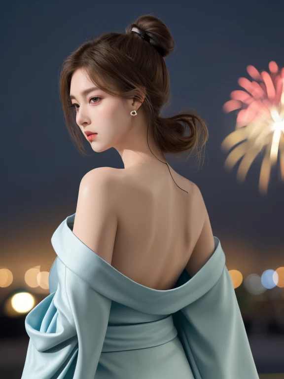 Best quality, masterpiece, high resolution, 1 girl, realism, (high detail skin: 1.2), 8k UHD, DSLR, soft light, high quality, volumetric lighting, photo, high resolution 4K, 8K, blurred background, fireworks in the sky, night, (from behind), (shoulder blades), beautiful neck, kimono, off shoulder kimono, looking behind, asian, brown hair, tied up hair, black eyes, perfect eyes, double eyelids, simple earrings, seductive face, (very large breasts), SFW