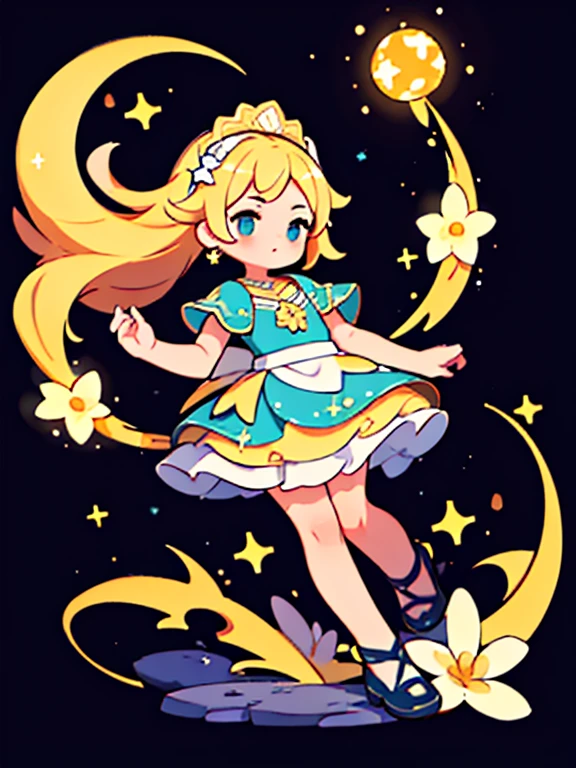 (mejor calidad, Obra maestra), 1 chica, galaxia, Brillantina, vestido, Particle, viento, flor, parte superior del cuerpo, fondo oscuro simple, mirando al espectador, rubio,