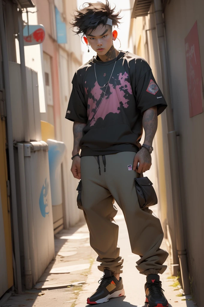 ((long shot, full body: 1.6)), purple: 1.5, orange: 1.1, green: 1.3, White: 1.3, yellow: 1.3, (rapper boy with scary hair, highly detailed eyes and body and beautiful baggy and baggy clothes :1.6), tattoos, (walls with Graffiti: 1.2), flower, Leaves, born in the fog, lines, leaning on the wall with a spray paint in his hand:1.4, dynamic action pose, 32K.