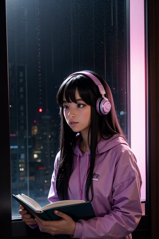 girl, black hair, headphones, reading a book, comfortable and welcoming environment. Environment with the colors black, purple, pink and blue. window with night sky and rain.