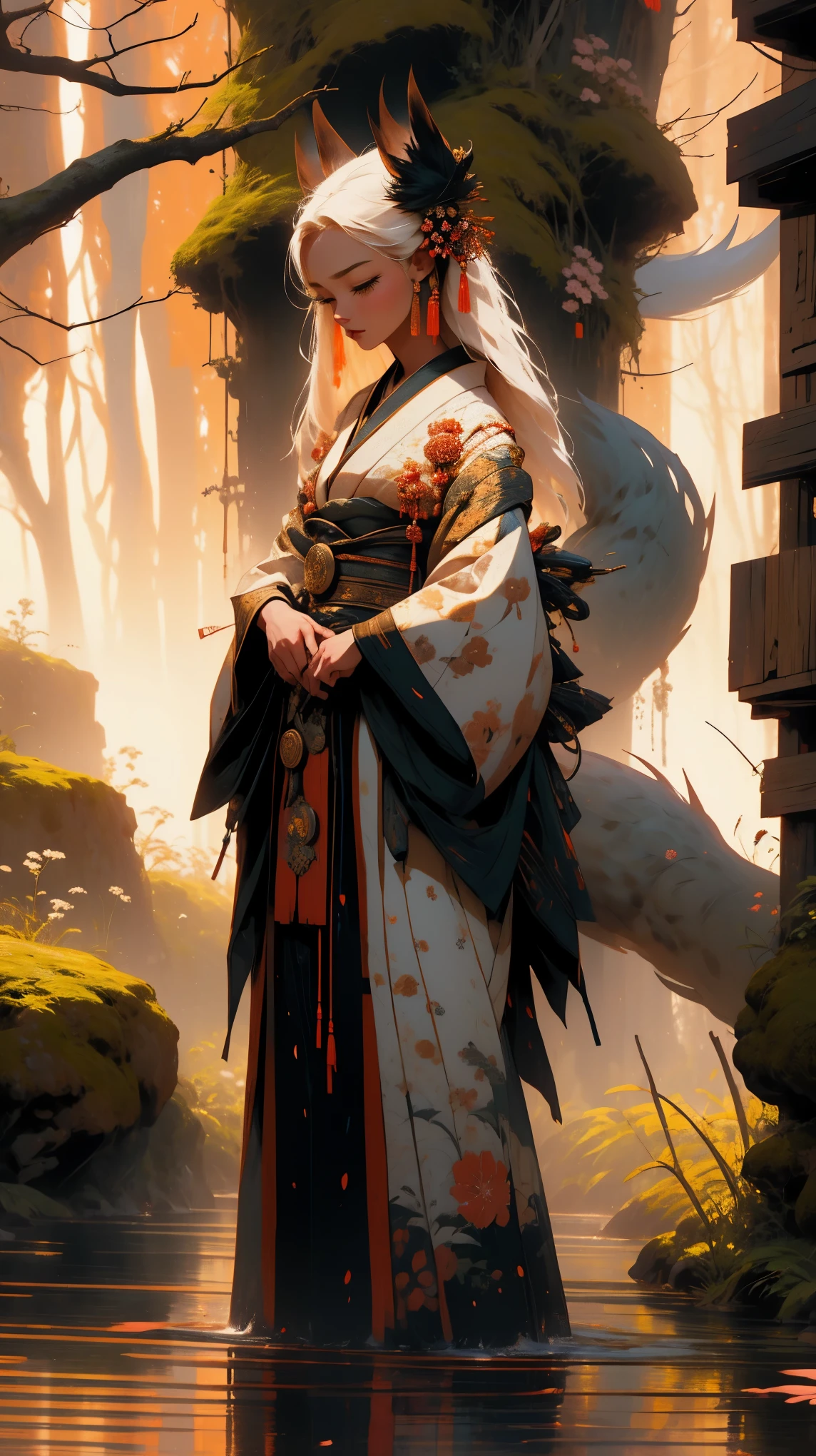 A girl with a beautiful face, expressive eyes, and full lips, representing the mythical creature known as the nine-tailed fox in Japanese culture. Her eyes are detailed and captivating. She has long, flowing hair with vibrant colors, resembling the fur of a fox. The girl is dressed in a traditional kimono, intricately designed with patterns and motifs inspired by nature. The medium used to depict this artwork is a mixture of traditional Japanese ink painting and digital illustration. The combination creates a unique blend of traditional and modern elements, enhancing the mystique and allure of the nine-tailed fox. In the background, there is a serene garden with cherry blossom trees, symbolizing beauty and transience. The garden is filled with vibrant colors, ranging from soft pastels to vivid hues, creating a dreamlike atmosphere. The sunlight filters through the trees, casting a gentle glow upon the girl and her surroundings. The image quality should be of the highest standard, with extreme attention to detail and clarity. It should exhibit photorealistic qualities, almost resembling a photograph. The colors should be vivid and vibrant, evoking a sense of wonder and enchantment. This artwork is characterized by its incorporation of an anime-style, capturing the essence of Japanese culture and aesthetics. The artist aims to convey the grace, elegance, and mysterious allure associated with the nine-tailed fox in Japanese folklore. The overall color tone should be warm and inviting, with a slight emphasis on earthy tones and shades of red and orange, reminiscent of autumn. The lighting should be carefully considered, with soft and diffused light illuminating the main character, creating a sense of depth and dimension. In summary, the Stable Diffusion prompt for this artwork should include the following tags: female character, nine-tailed fox, beautiful detailed eyes, beautiful detailed lips, long flowing hair, vibrant colors, traditional kimono, ink painting,