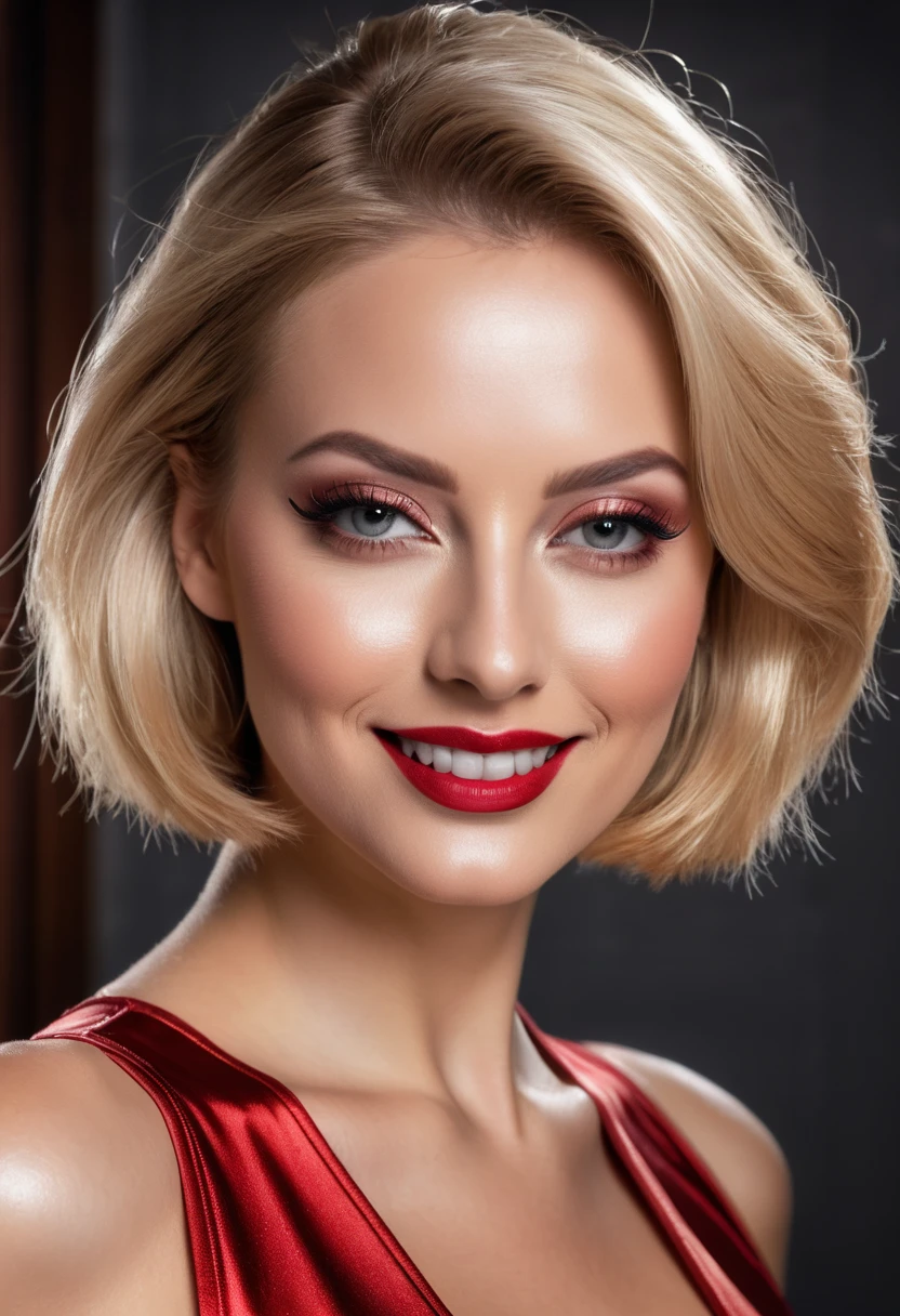 hyperrealistic beautiful busty 30-year-old women in ultra shiny metallic red jumpsuit, model shooting mugshot photography, dyed blonde classic bob, dark eye makeup with eyeliner, seductive smile, 8K, best quality, Meisterwerk, ultra high resolution, (Realismus: 1.4), Originalfoto, (realistische Hautstruktur: 1.3), (Filmkorn: 1.3), (Selfie-Winkel), 1 girl, Beautiful eyes and facial details, Meisterwerk, best quality