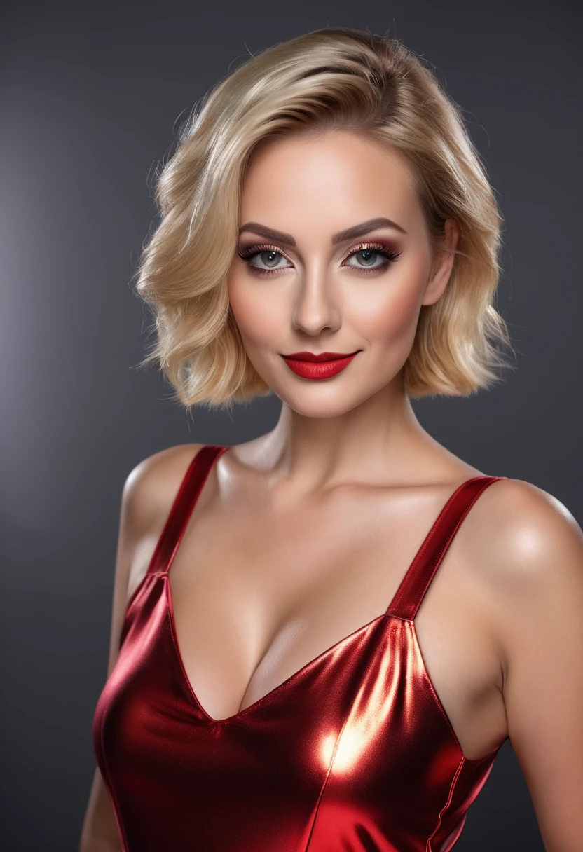 hyperrealistic beautiful busty 30-year-old women in ultra shiny metallic red jumpsuit, model shooting mugshot photography, dyed blonde classic bob, dark eye makeup with eyeliner, seductive smile, 8K, best quality, Meisterwerk, ultra high resolution, (Realismus: 1.4), Originalfoto, (realistische Hautstruktur: 1.3), (Filmkorn: 1.3), (Selfie-Winkel), 1 girl, Beautiful eyes and facial details, Meisterwerk, best quality