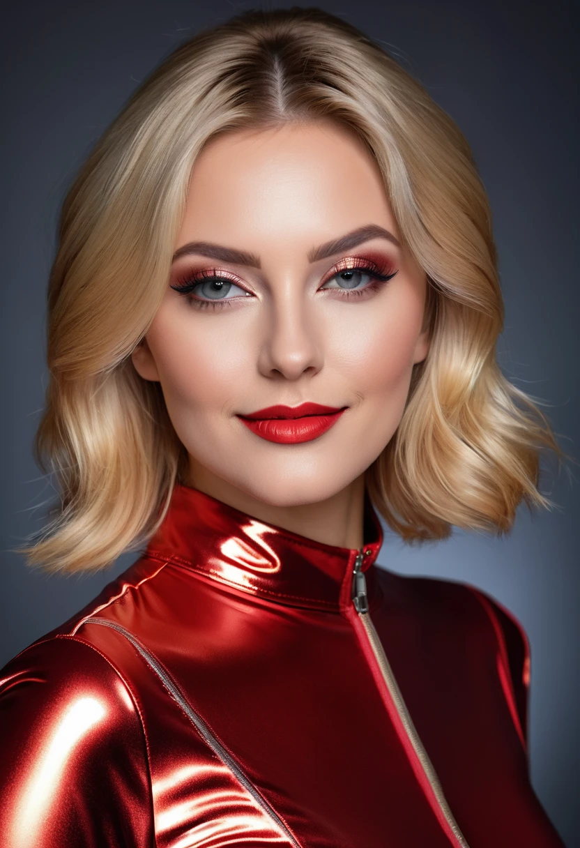 hyperrealistic beautiful busty 30-year-old women in ultra shiny metallic red jumpsuit, model shooting mugshot photography, dyed blonde classic bob, dark eye makeup with eyeliner, seductive smile, 8K, best quality, Meisterwerk, ultra high resolution, (Realismus: 1.4), Originalfoto, (realistische Hautstruktur: 1.3), (Filmkorn: 1.3), (Selfie-Winkel), 1 girl, Beautiful eyes and facial details, Meisterwerk, best quality