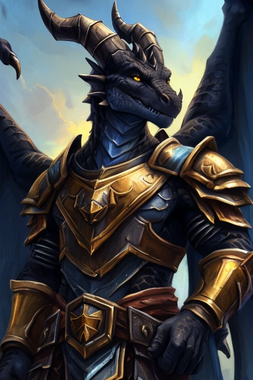 4k, high resolution, best quality, perfect colors, perfect shadows, perfect lighting, bright fill light, ((correct anatomy)), (photorealistic scales detailed scales, epic, masterpiece:1.2), (by blackteagan, by kenket, by Blotch), handsome face, perfect face, (((dracthyr))), (((black scales))), black body, black body scales, (yellow eyes), (horn on snout) ((wearing navy blue armor with gold trim), (breastplate), (spaulders), warcraft dracthyr, muscular, low angle view, (fully dressed), (detailed armor texture), tail, stern expression, serious expression perfect eyes, black retina, closeup, ((wings)), (black horns)