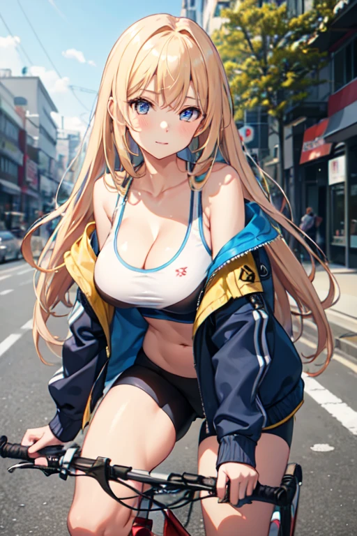 (((masterpiece))), ShizukaMikazuki, 1girl, solo, looking at viewer, long hair, blond hair, long sleeves, cleavage, medium breasts, closed mouth, collarbone, jacket, open clothes, open jacket, blue jacket, ground vehicle, sports bra, bicycle, gigantic breasts and butt