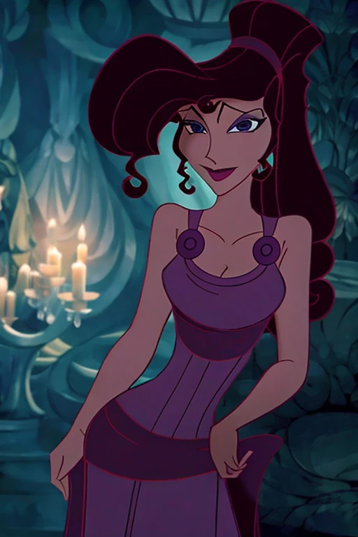 (1girl:1.2) brunette Megara wearing purple dress, face focus, beautiful portrait, detailed face expression, best quality, official art, on night light background romantic, shinning eyes, disney animation style, best quality, digital art, 2D