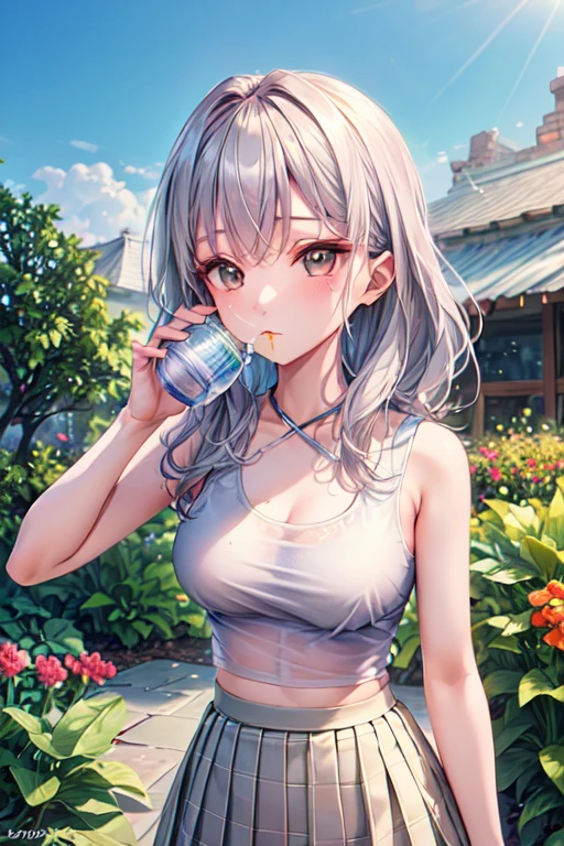 ((highest quality)) ((masterpiece)) (detailed) Perfect Face Pull up your hair and drink water garden Grey tank top see-through skirt