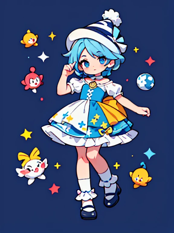 1 chica, cuerpo completo, traje de payaso, ATUENDO DE CIRCO, estrellas, MULTICOLOR, pelo esponjoso, MAKEUP Clown Girl Character Design Sheet,  multicolor, ((afro rizado largo azul y rosa)), mejor calidad, ((vestido de payaso corto abullonado de manga larga)), ((la ropa es azul y blanca)) ((calcetines hasta el muslo)), ((los calcetines son azules y blancos que no combinan)), ((ojos redondos)), he wears a jester&#39;s hat, Hermoso rostro, cara linda, cuerpo completo,