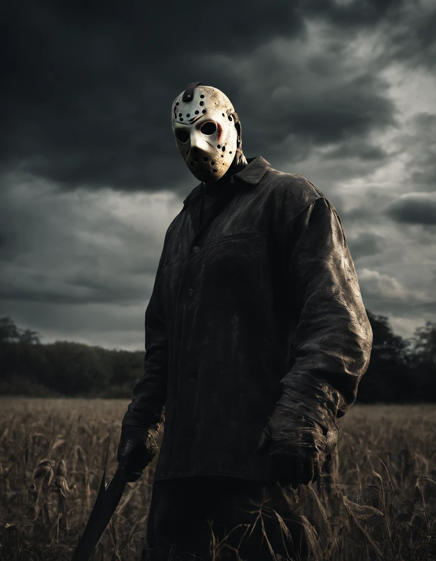 Jason Voorhees standing in a field with a machete staring at the camera in the background a very old big house dramatic sky depth field 1.5 ultra realistic well detailed 8k intricate high resolution highly realistic detailed sharp focus great sharpness horror movie scene ldsr effect chromatic aberration lens 50 mm aperture f 1.8 Dark Sinister Great Light Grande Composição