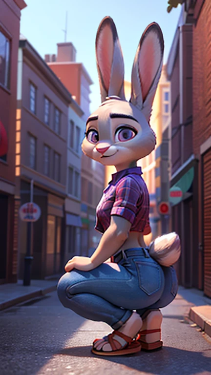 Furry female anthro, 8k, film, masterpiece quality, semi realistic, high detail, big , short skinny jeans, cropped plaid shirt, fliops, judy hopps, 3d pixar style, on knees,