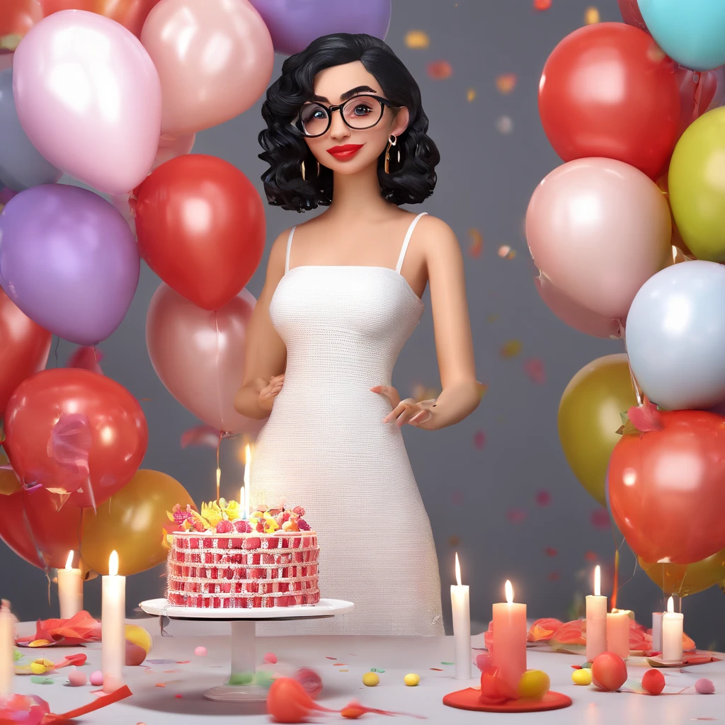 3 D combination of a beautiful white woman with round transparent glasses short black wavy hair with a white crochet dress that is small in the front and long in the back with makeup heel sandals and the same makeup with a beautiful birthday cake in her hands and candles 41 balloons and roses scene.