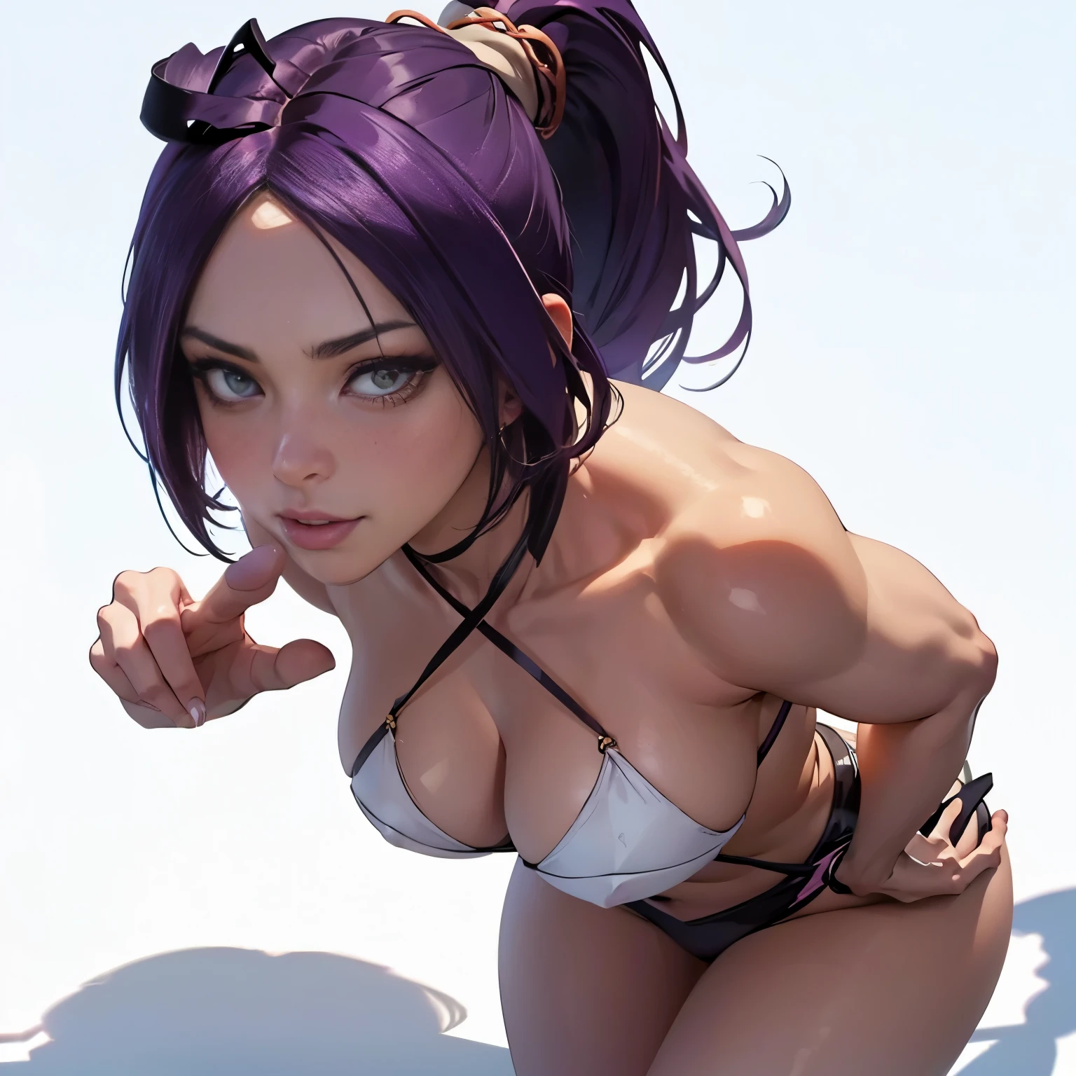 Yoruichi, prostitute, best quality: 1.1, 1 girl, detailed eyes, well-aligned eyes, extremely detailed face, blushing cheeks, perfect face symmetry, smiling, embarrassed, (orange and black prostitute clothes), BREAK intricate details on hands, intricate details on fingers, (very huge) breasts, purple hair, detailed hair, short hair, defined figure, thick muscular legs, small defined waist, (very much voluptuous body), (very much muscular body), lascivious woman, nymphomaniac woman, dynamic pose, Interacting, (whole body perspective), ((white background scenery with shadows): 1.5)