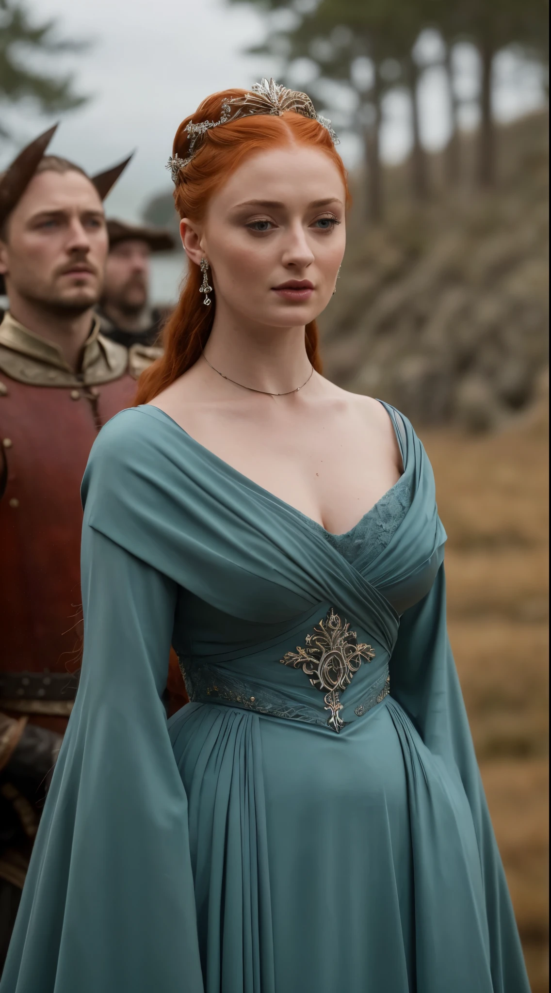 Face of Sophie Turner, Sansa Stark played by Sophie Turner, the de facto Lady of the Eyrie, is a 40-year-old mature queen with a stunning, alluring appearance. Full Face, pierced eyes, reddish lips, upper body shot, erotic Mediaeval costumes, game of thrones costumes, She wears a Game of Thrones-inspired costume and has a deep cleavage, a perfect thick body, and a perfect thick figure. The photograph captures her in a close-up, with her skin texture and facial features being ultra-realistic and realistic. Juicy thick figure, high quality skin, Skin pores, amazing details, 