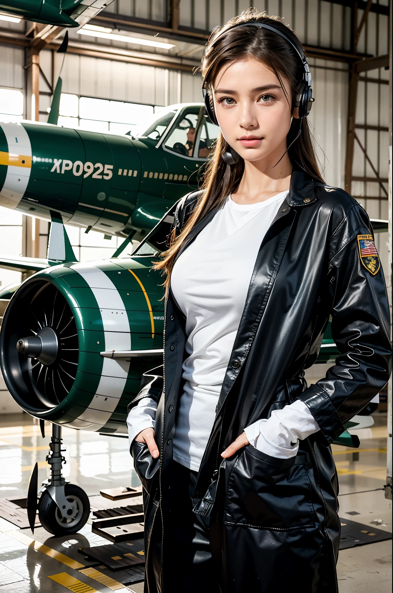 Best quality, ((professional photograph, RAW photo)), Insanely realistic, an extremely delicate and beautiful, ultra high res, realistic lighting and shading, (Realistic image of a extremely pretty female Aircraft mechanic, solo), Inside a spacious Aircraft hangar, Monoplane fighters of the World War II era line the background, Aircraft parts scattered on the floor, Tools for maintenance, She does aircraft maintenance, (wearing Military camouflage patterned Long-sleeved mechanic's coverall), (wearing mechanic's heavy-duty glove), (Wearing a headset), her hair is tied back later, very professional mechanic, inscrutable smile, ((extremely beautiful depiction of the eyes and face)), (insanely beautiful natural skin texture), Accurate eyes, Accurate hands, Well-balanced overall body
