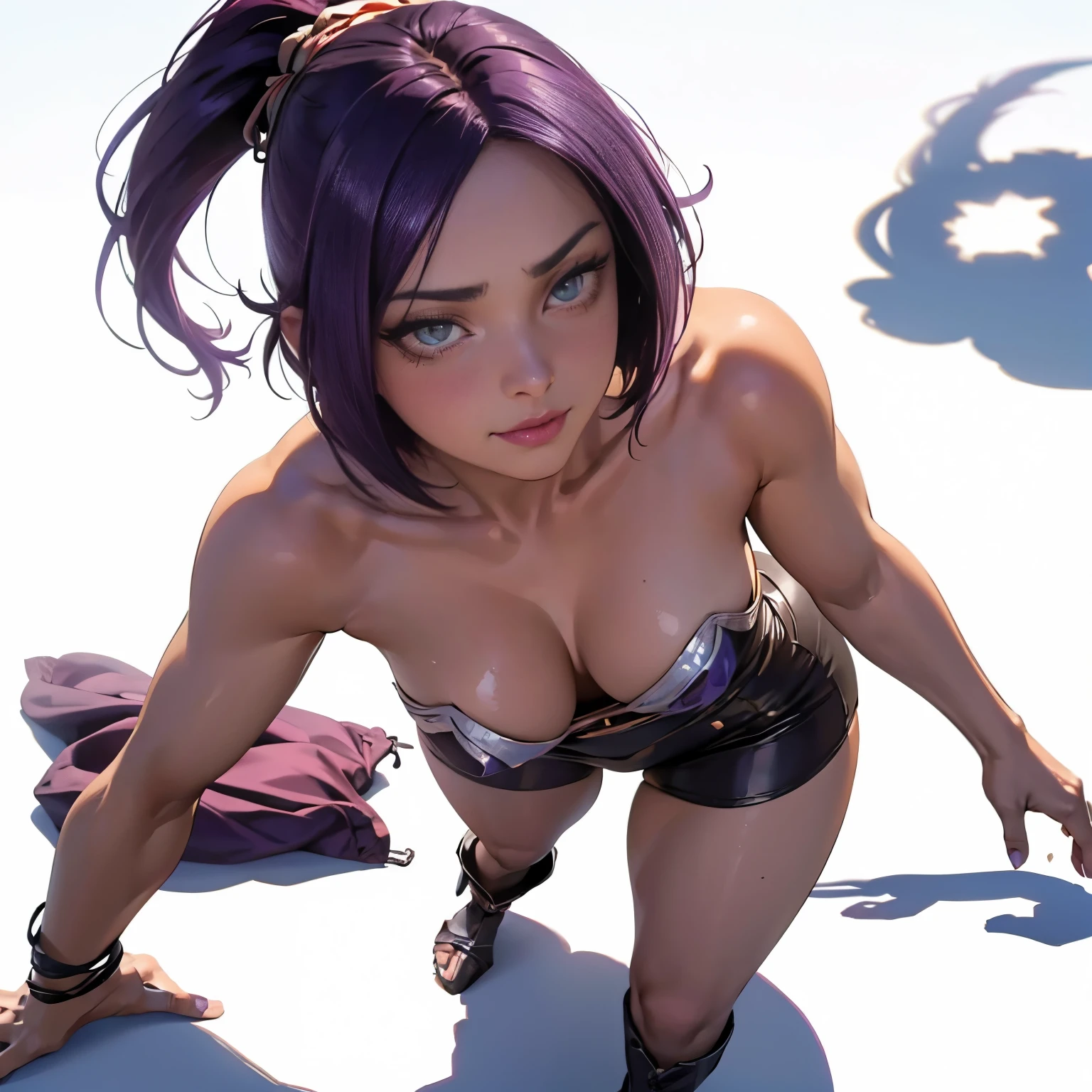 Yoruichi, prostitute, best quality: 1.1, 1 girl, detailed eyes, well-aligned eyes, extremely detailed face, blushing cheeks, perfect face symmetry, smiling, embarrassed, (orange and black prostitute clothes), BREAK intricate details on hands, intricate details on fingers, (very huge) breasts, purple hair, detailed hair, short hair, defined figure, thick muscular legs, small defined waist, (very much voluptuous body), (very much muscular body), lascivious woman, nymphomaniac woman, dynamic pose, Interacting, (whole body perspective), ((white background scenery with shadows): 1.5)