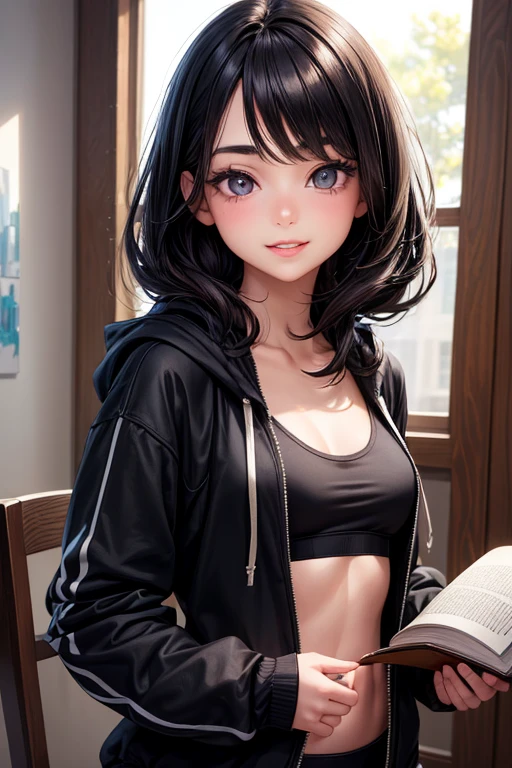 (best quality,highres,masterpiece:1.2),ultra-detailed,realistic,short cute girl,small young student,young delicate girl,beautiful detailed eyes,beautiful detailed lips,extremely detailed eyes and face,long eyelashes,black hair,hoodie,A Gray Sports Bra,college campus,book in hand,shy smile,soft natural lighting,vivid colors,contemporary painting style