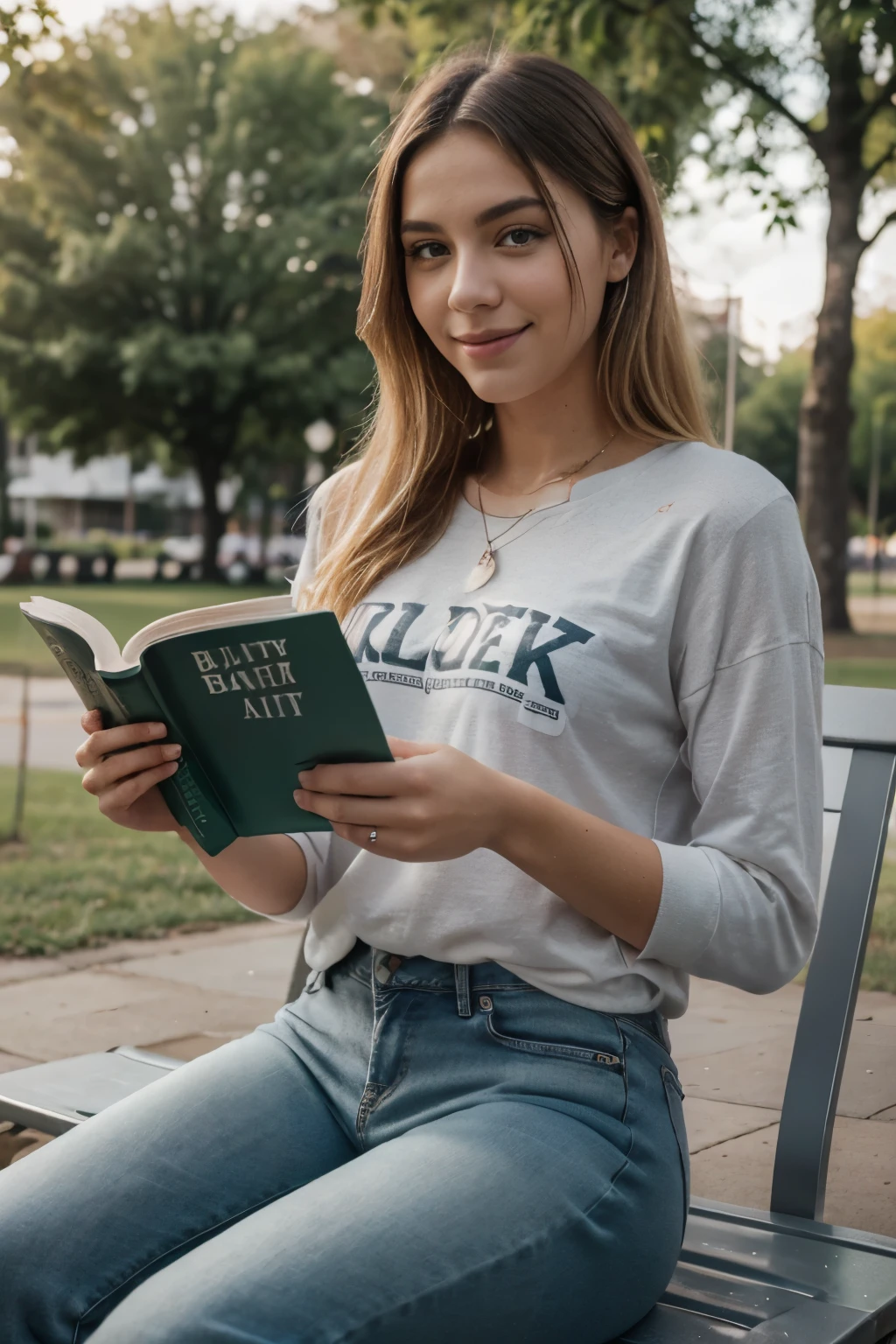 European woman, 19 years old, wearing a white cotton Tshirt and blue leggings, sitting on a library studying, concentrate, books, writing, realistic