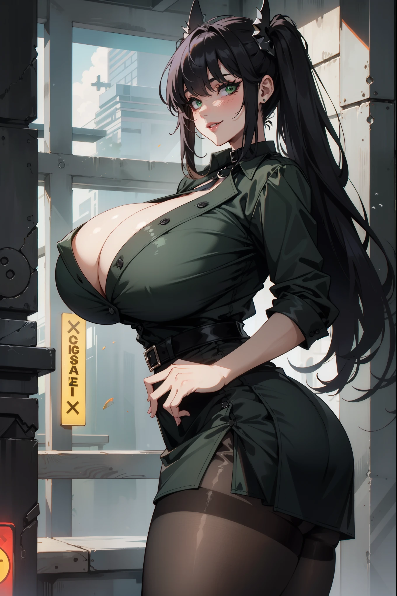 Best quality, solo mature goth woman, (gigantic breasts:1.8), sagging breasts, massive cleavage, huge ass, very curvy, black hair, styled high twintail hair, emerald green eyes, Gothic make up, punk rock style, full lips, seductive, sly smile, (exposed black button up blouse), loosen tie, (black and neon green punk goth skirt), ribbon in hair, thick thighs, curvy physique, pantyhose, Gothic style, punk style