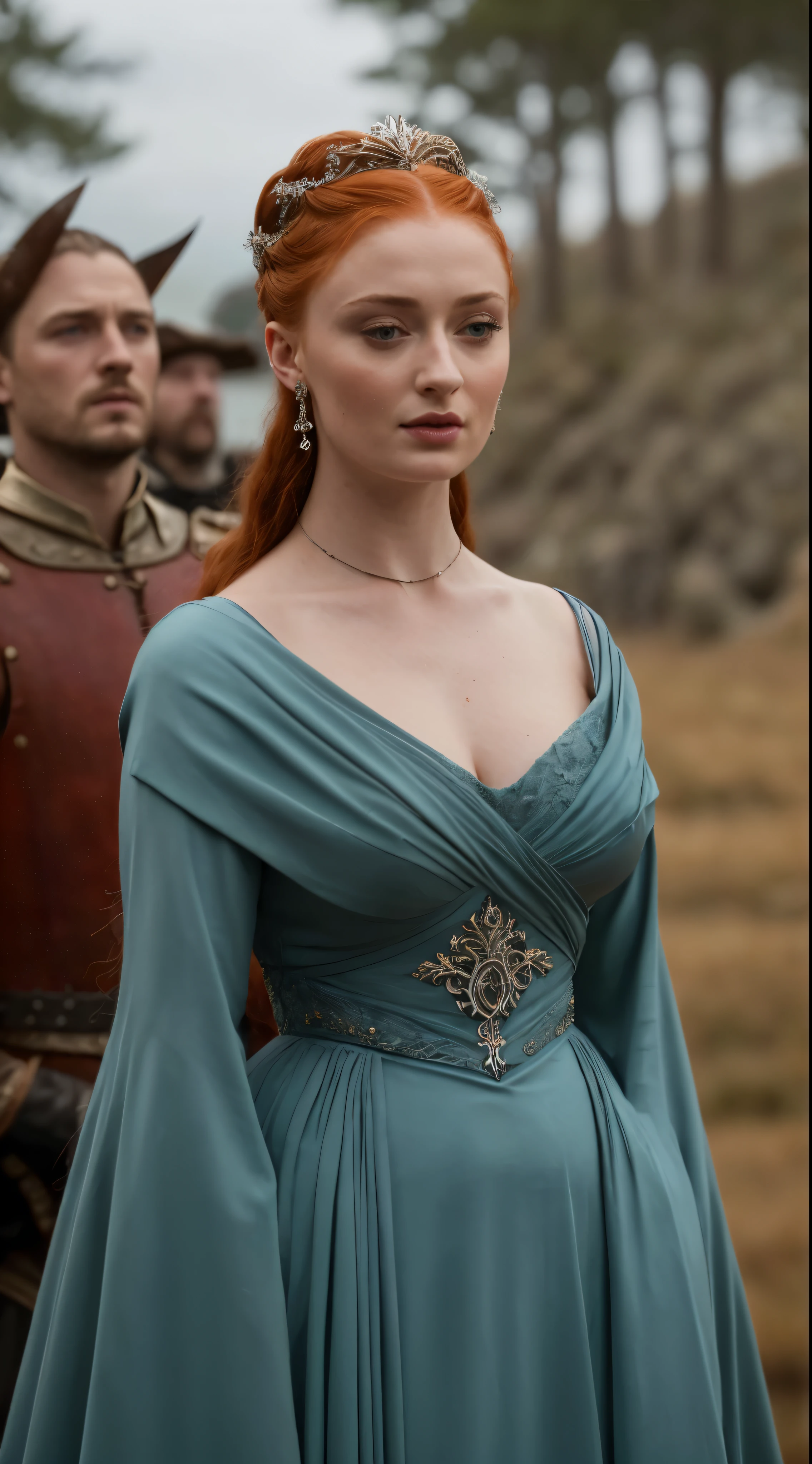 Face of Sophie Turner, Sansa Stark played by Sophie Turner, the de facto Lady of the Eyrie, is a 40-year-old mature queen with a stunning, alluring appearance. Full Face, pierced eyes, reddish lips, upper body shot, erotic Mediaeval costumes, game of thrones costumes, She wears a Game of Thrones-inspired costume and has a deep cleavage, a perfect thick body, and a perfect thick figure. The photograph captures her in a close-up, with her skin texture and facial features being ultra-realistic and realistic. Juicy thick figure, high quality skin, Skin pores, amazing details, 