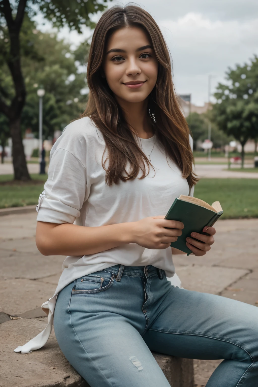 (best quality, ultra detailed, realistic: 1.37), sexy Argentine, charismatic influencer, 20 years old. Blonde hair and bright dark green eyes, medium length. Dressed in casual clothes and gray jeans, reading the Bible in a black cover, sitting in an outdoor park in Culiacán, relaxed and looking at the book, smiling. Taken with a Canon EOS R6 Mark II camera.