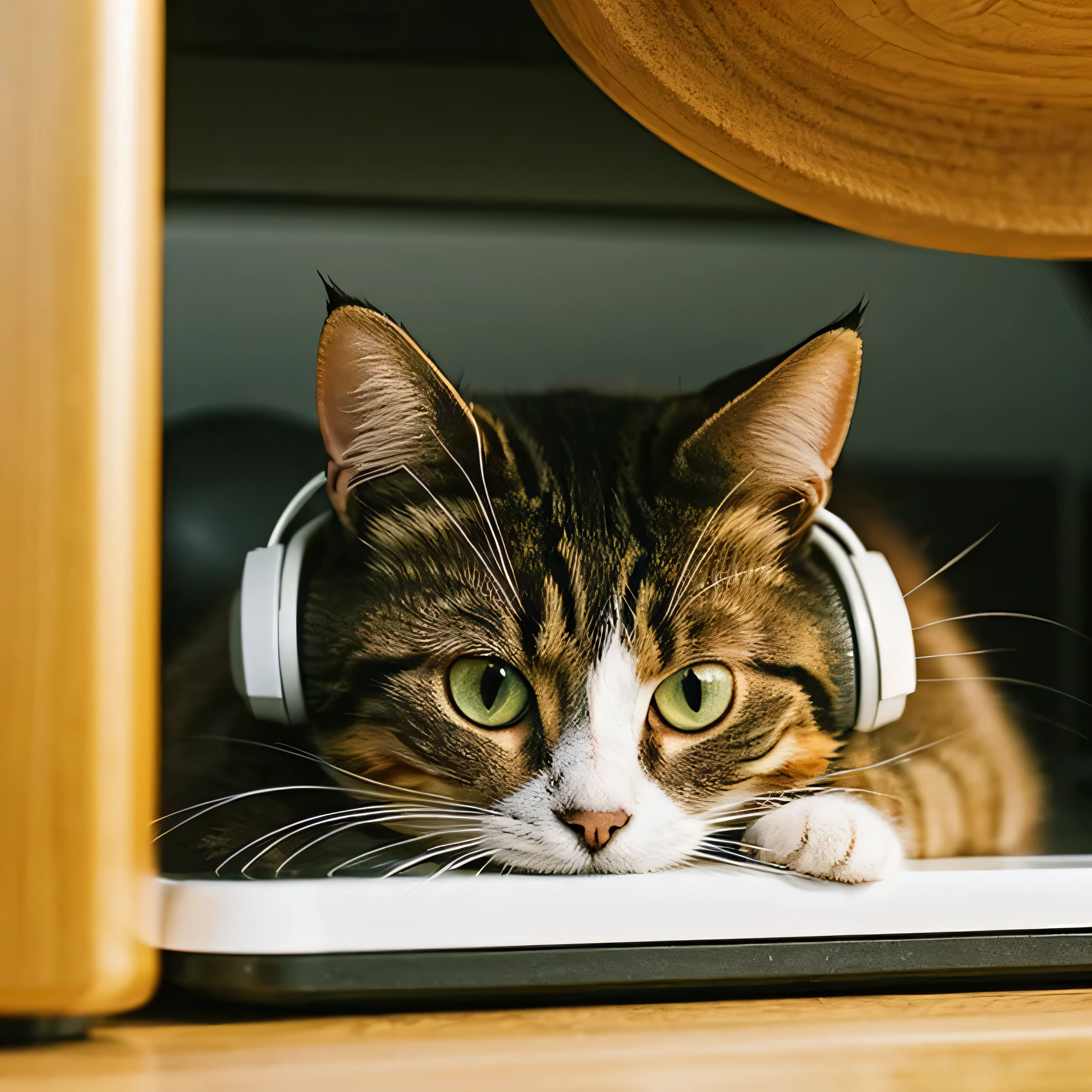 Cat wearing headphones sitting on a speaker、Face close-up、Sepia