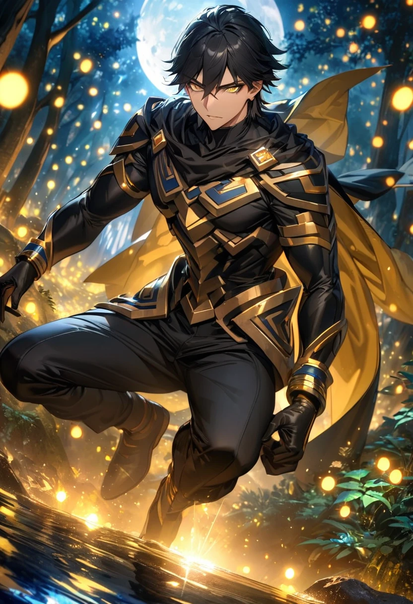 absurdres, highres, ultra detailed, HDR, masterpiece, extremely detailed face and eyes, beautiful eyes, perfect face, delicate features, Ozymandias, expressive yellow eyes, black hair, Fate Grand Order, solo, man, handsome, black clothes, balck pants, black gloves, magical forest, shining trees, shinning fireflies, moon, water
