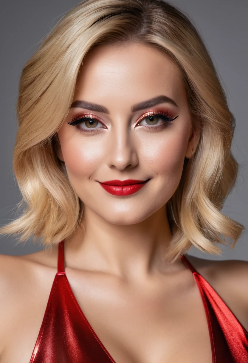hyperrealistic beautiful busty 30-year-old women in ultra shiny metallic red jumpsuit, model shooting full body photography, dyed blonde classic bob, dark eye makeup with eyeliner, seductive smile, 8K, best quality, Meisterwerk, ultra high resolution, (Realismus: 1.4), Originalfoto, (realistische Hautstruktur: 1.3), (Filmkorn: 1.3), (Selfie-Winkel), 1 girl, Beautiful eyes and facial details, Meisterwerk, best quality