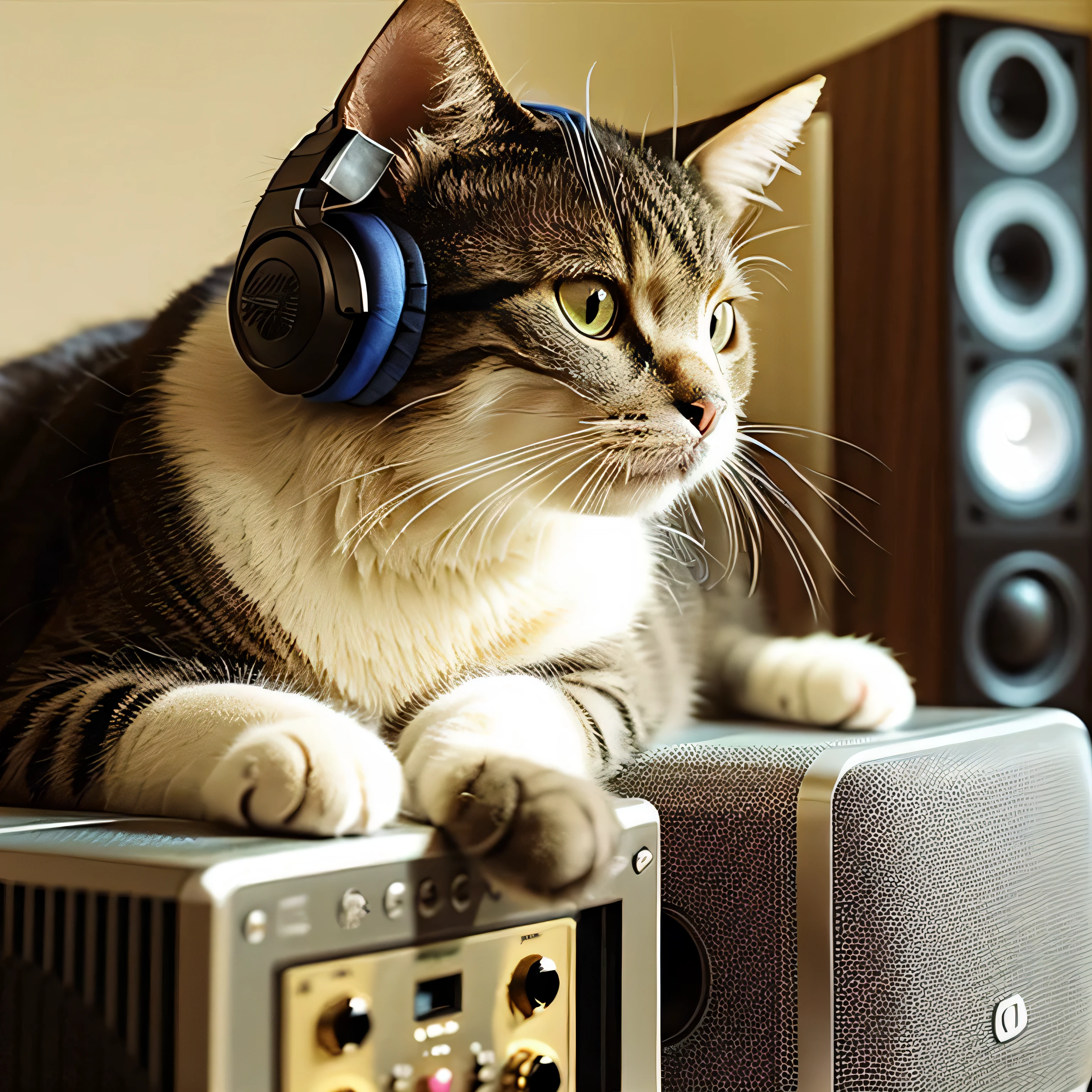 Cat wearing headphones sitting on a speaker、Face close-up、Sepia