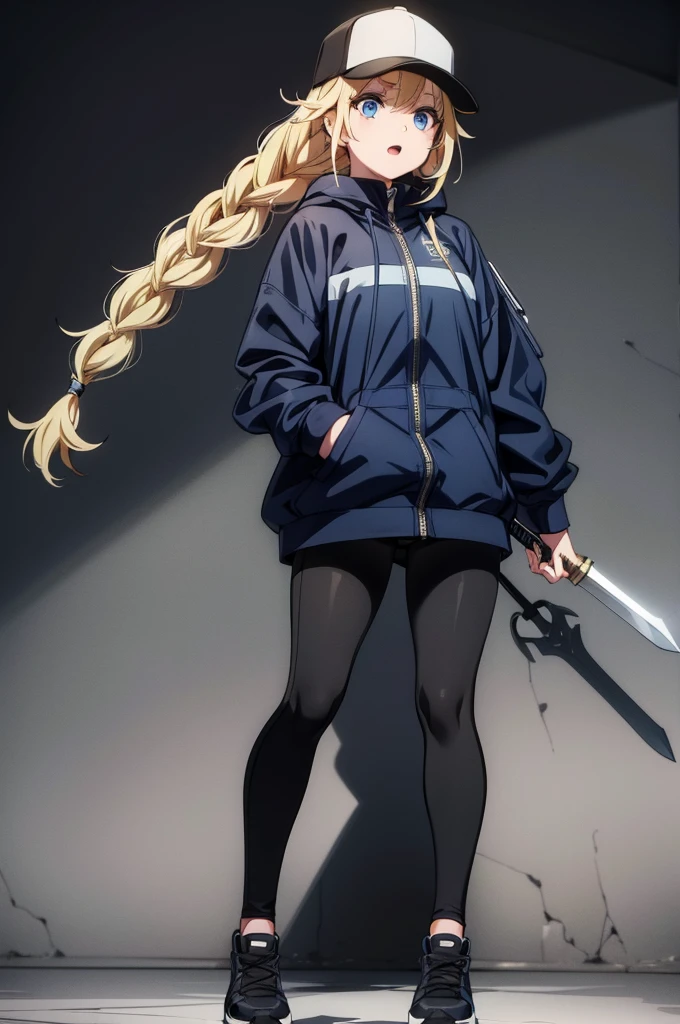(((grayscale)))(masterpiece:1.2, best quality), (graffiti wall:1.15), 1lady, beanie, jacket, Leggings, blue eyes, fullbody,1 girl,a drawing of a black & white cartoon woman standing on stage with a sword, 1girl, solo, blonde hair, blue eyes, long hair, hat, braid, twin braids, open mouth, jacket, pants, breasts, looking at viewer,Eiko Tsukimi, blue eyes, braid, twin braid,(((blonde hair))),baseball cap