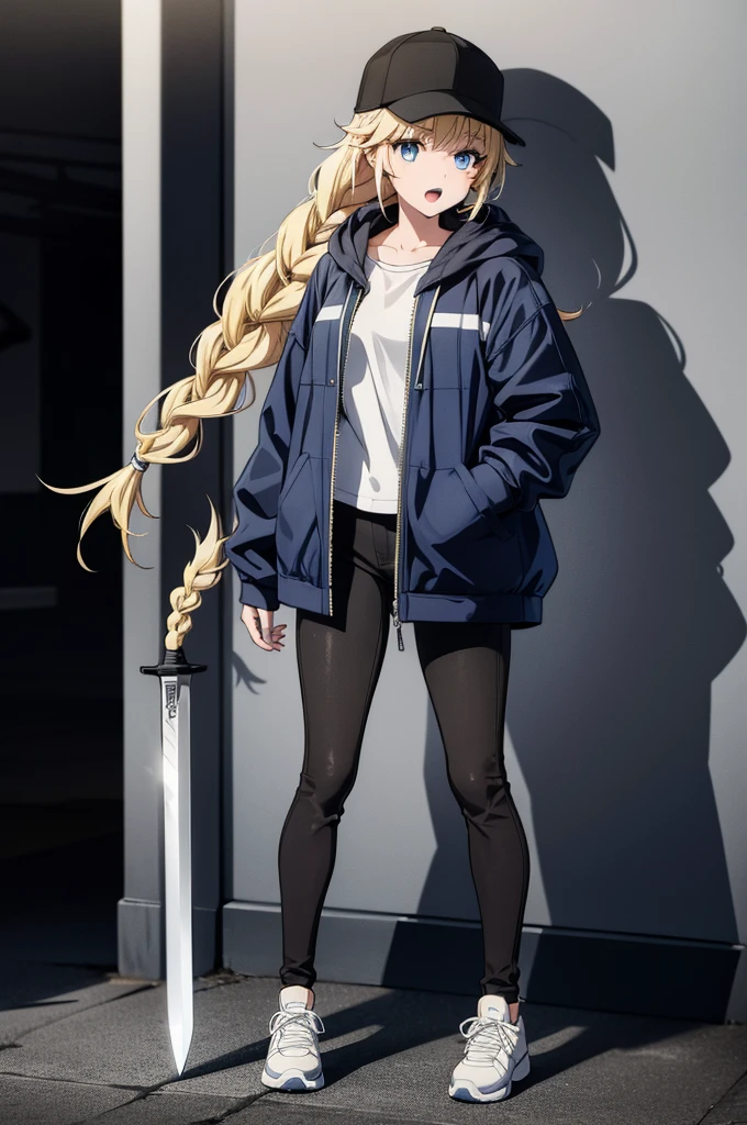 (((grayscale)))(masterpiece:1.2, best quality), (graffiti wall:1.15), 1lady, beanie, jacket, Leggings, blue eyes, fullbody,1 girl,a drawing of a black & white cartoon woman standing on stage with a sword, 1girl, solo, blonde hair, blue eyes, long hair, hat, braid, twin braids, open mouth, jacket, pants, breasts, looking at viewer,Eiko Tsukimi, blue eyes, braid, twin braid,(((blonde hair))),baseball cap