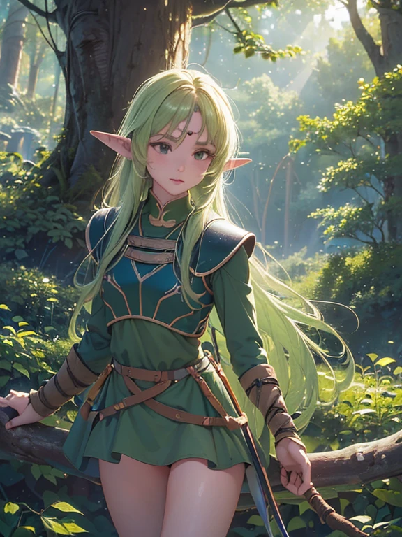 ((Obra maestra)), ((mejor calidad)), ((high resolution)), ((Fondo de pantalla CG unificado 8k extremadamente detallado)), ((on the branch of a tree in the deep forest:1.3)), ((Elven woman cartoon character, Orejas de elfo puntiagudas, pelo rubio ondulado, ojos verdes, Piel desnuda:1.2)), tiro de vaquero, Skin is moist and shiny, Vistiendo un minivestido fluido y una armadura de cuero con adornos dorados., botas largas de cuero, ((inclina la cabeza, vista desde el frente:1.2)), ((agacharse con las piernas separadas)), 