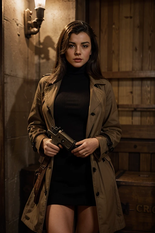 imagined a slutty detective woman in a trenche coat holding a revolver in 1950
