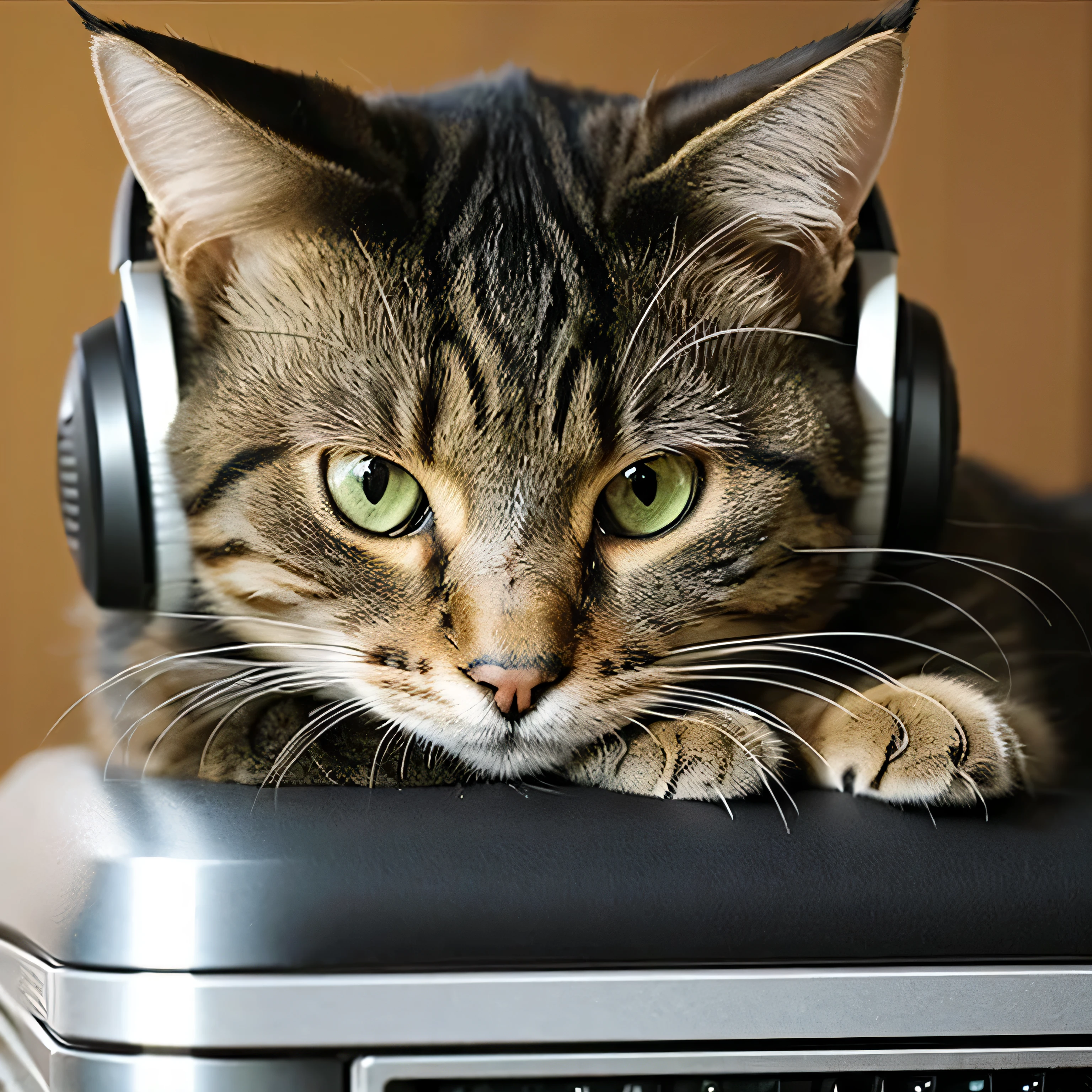 Cat wearing headphones sitting on a speaker、Face close-up、Sepia