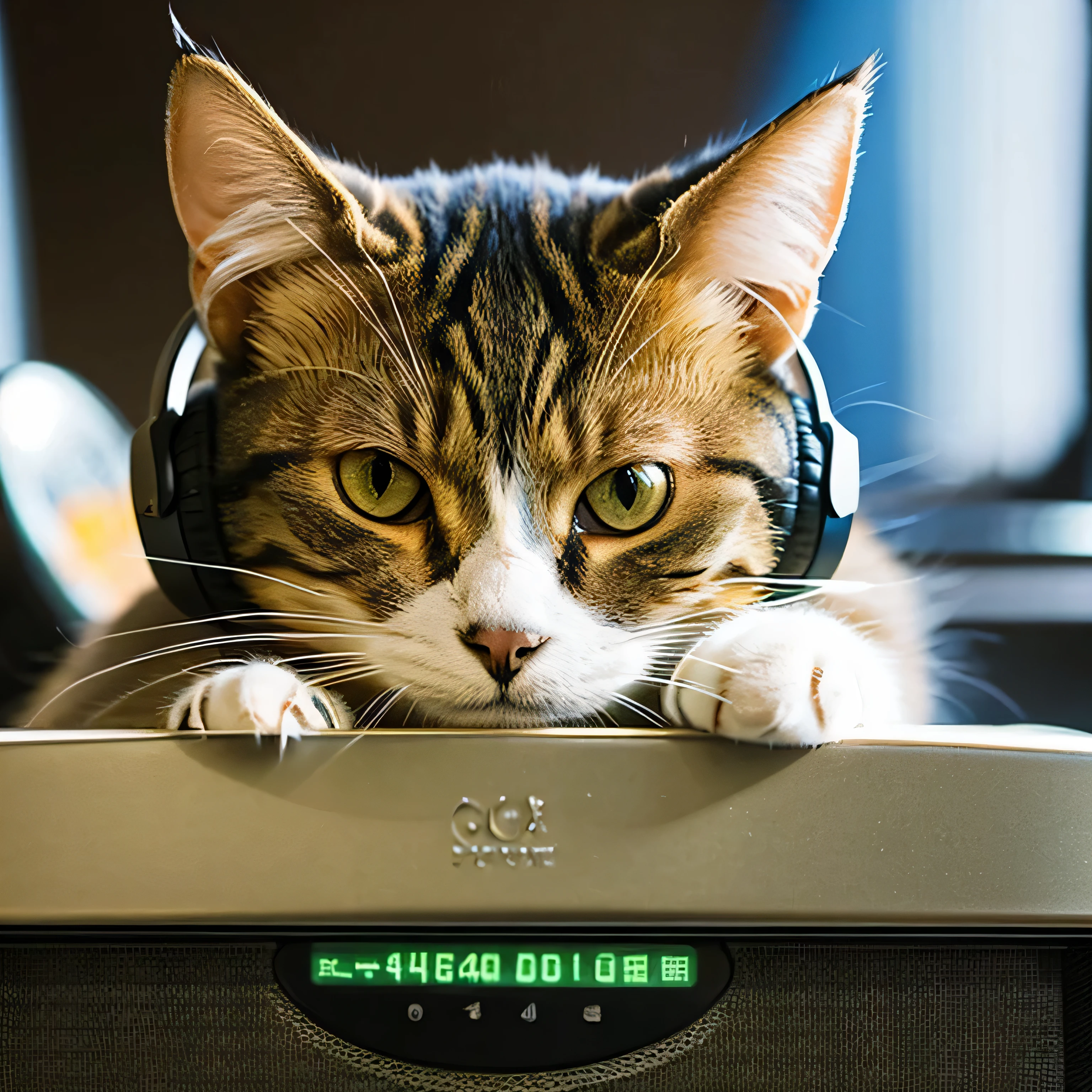 Cat wearing headphones sitting on a speaker、Face close-up、Sepia