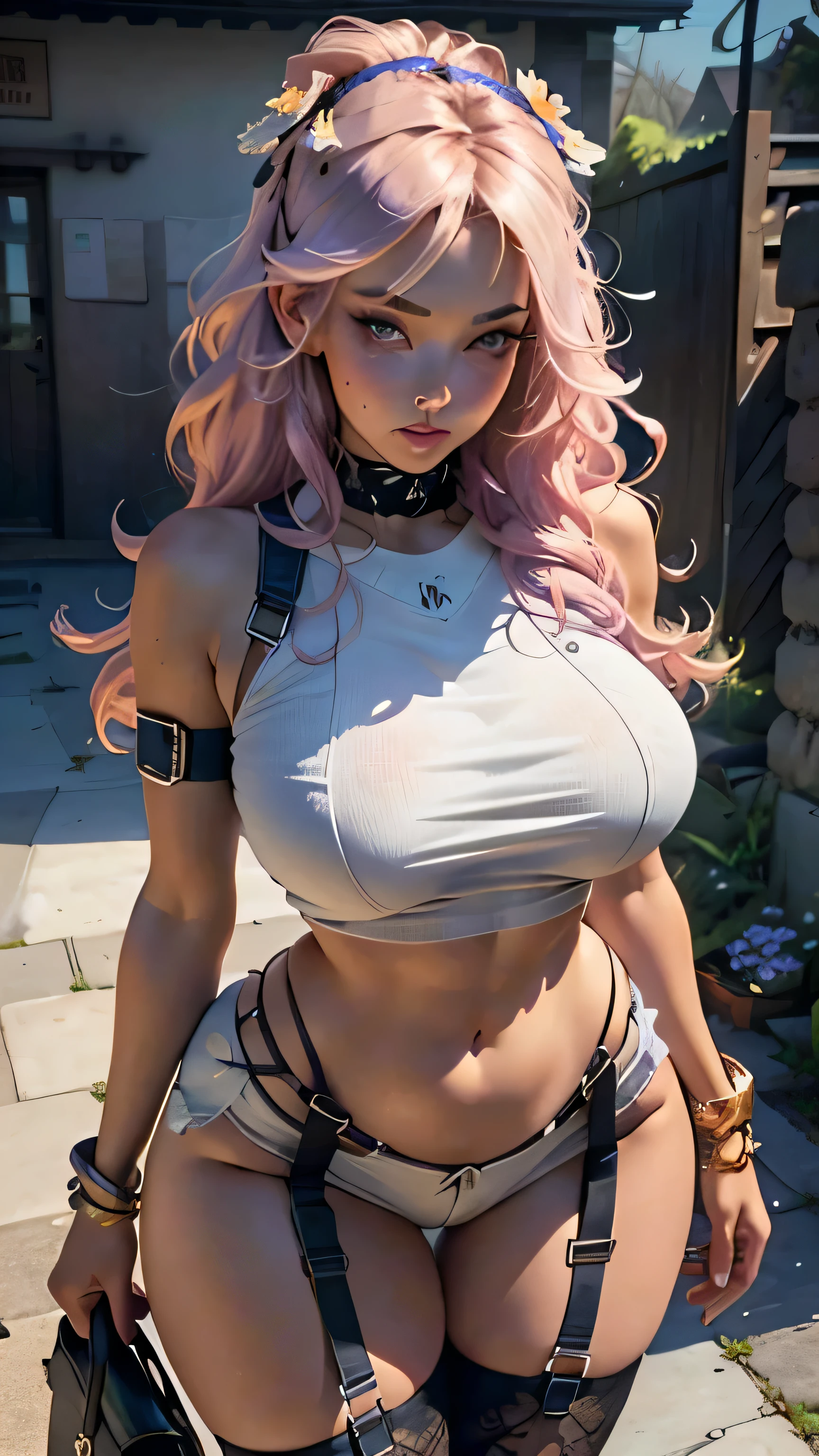 Realistic, Ultra-high resolution, Complex, Ultra-detailed, (Skin dents), cute, feminine, Detailed body , (Detailed face:1.1), (Outlined Iris), (Marker Lens), (Perfect Eyes), 4K, beautiful, (masterpiece:1.2), (highest quality:1.2), (one beautiful woman), Wide Hips, Thick thighs, (Large Breasts:1.2) and (Huge breasts:1.2) , Belly button, High heels, Crop top, mini skirt, choker, Lewd, Seductive pose, Firm breasts, thick, (alone)