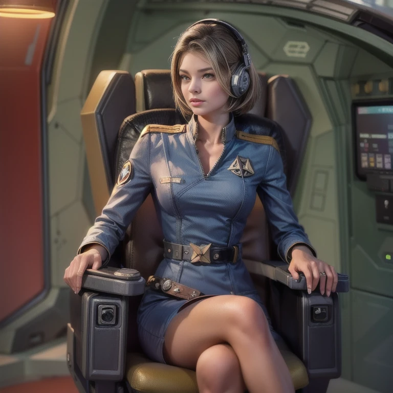 Female Starship Enterprise Officer sits in the command chair of her command station. Short tight uniform dress with deep V-neck, ((Starship Enterprise insignia on the chest: 1.3)), communicates with a headset, make up, boots, painted fingernails, (phaser weapon on a belt: 1.2), cheeky uniform, (Starship Enterprise Bridge: 1.4), ((Legs crossed: 1.5)) (Full Person: 1.4), Strong Make Up
