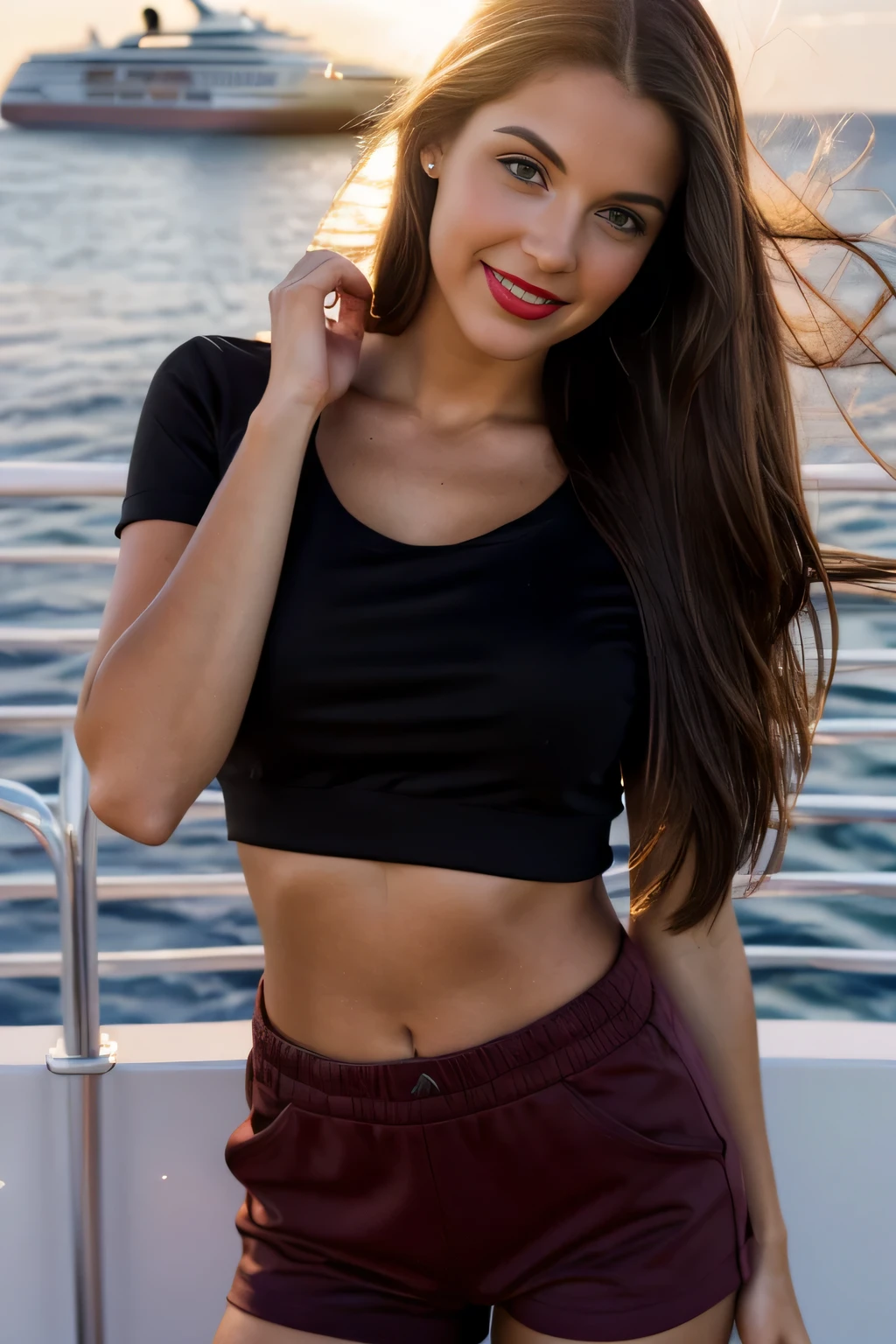 portrait of a realistic stunning beautiful 23 year old brunette girl, long brown waivy hair, brown eyes, full red lips, toned fit body, daydreaming, gentle smile, wearing a plain black crewneck shirt, black shorts, on a cruise, sunset, sunlight, lensflare, summer, hands behind head