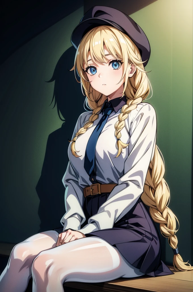 High detailed, kimtag, 1 girl, solo, akenohimejimaSDXL, Ivory colored eyes, castleton-green colored hair, large hair, ponytail, ribbon, busty, plump large breasts, chunky body, blue genetics's uniform, Juliet sleeves, deep cleavage, blue skirt, genetics's uniform, juliet sleeves, genetics's uniform, shy expression