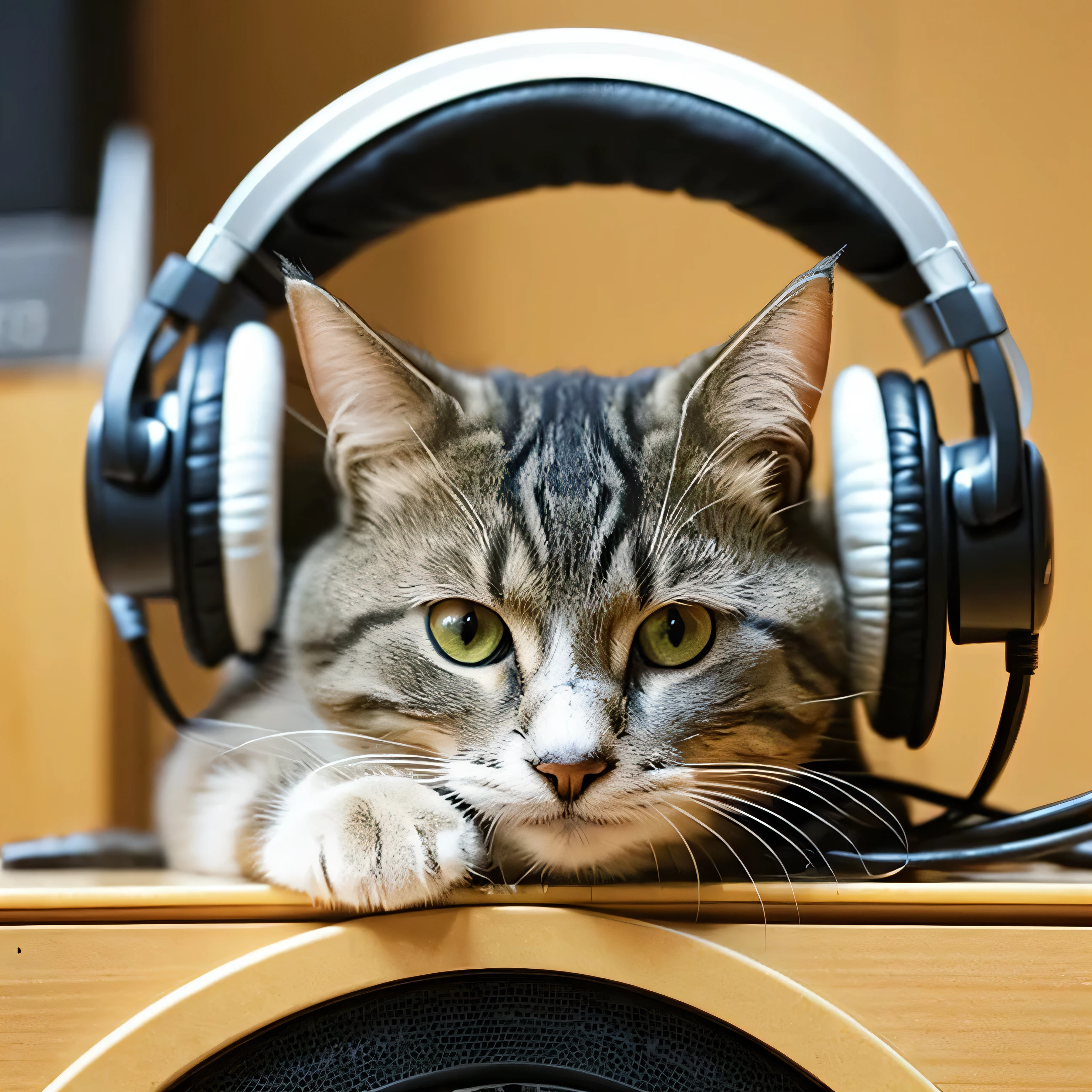 Cat wearing headphones sitting on a speaker、Face close-up、Sepia