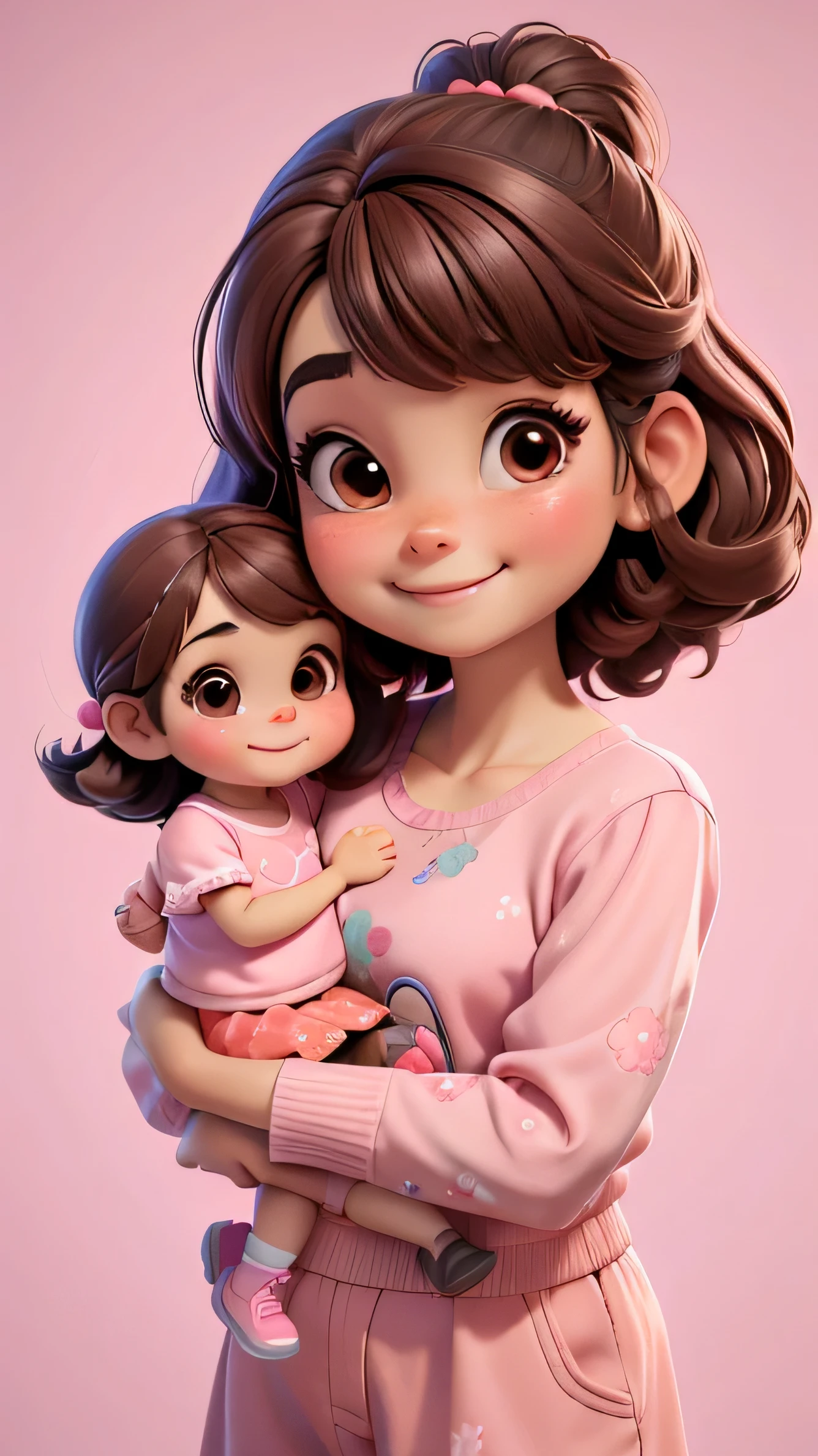 Mother with two daughters, Adorable chibi baby, with a radiant smile on her face, dressed in pink clothes, Straight brown hair, thin one with big black eyes and the other with brown eyes, 3d pixar style