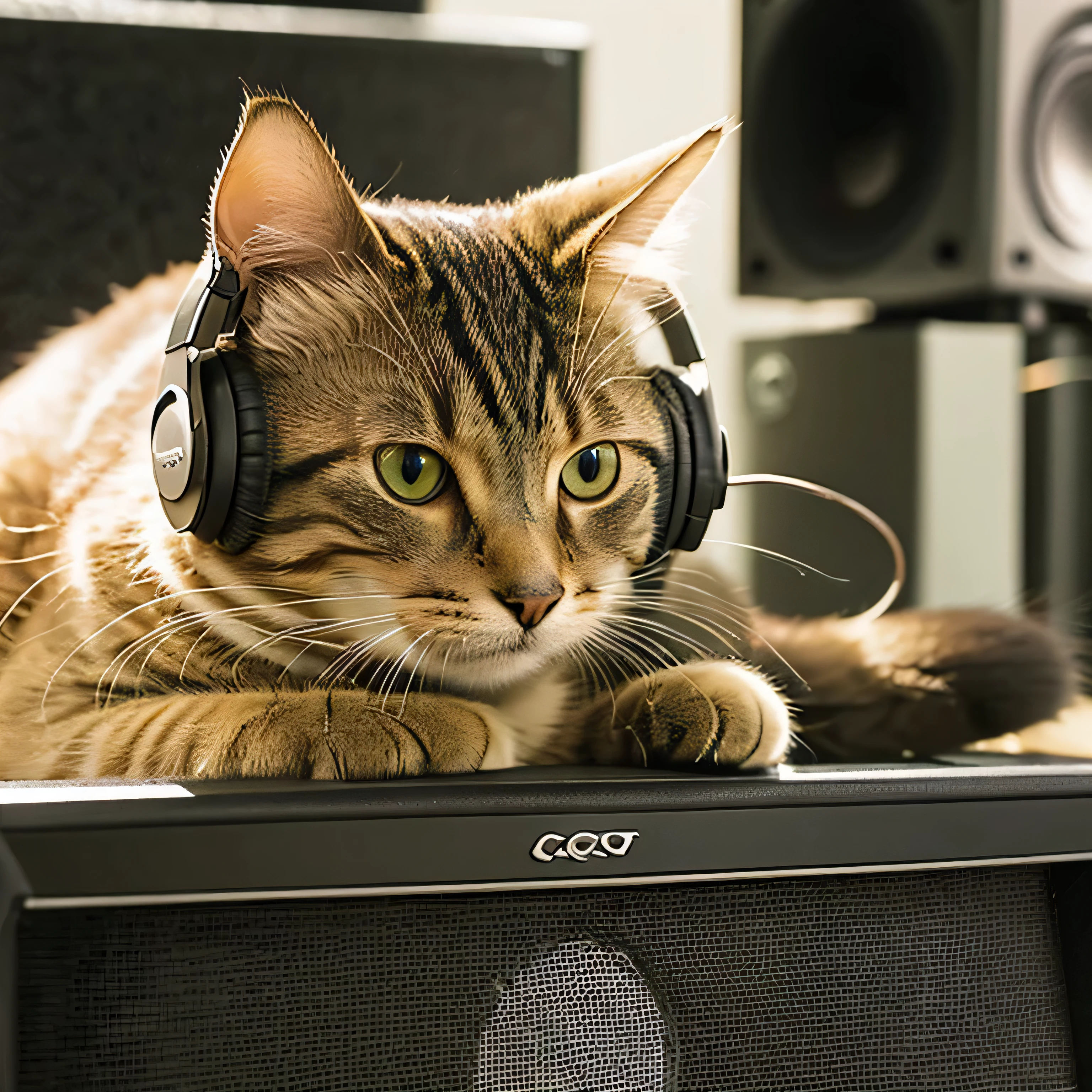 Cat wearing headphones sitting on a speaker、Face close-up、Sepia