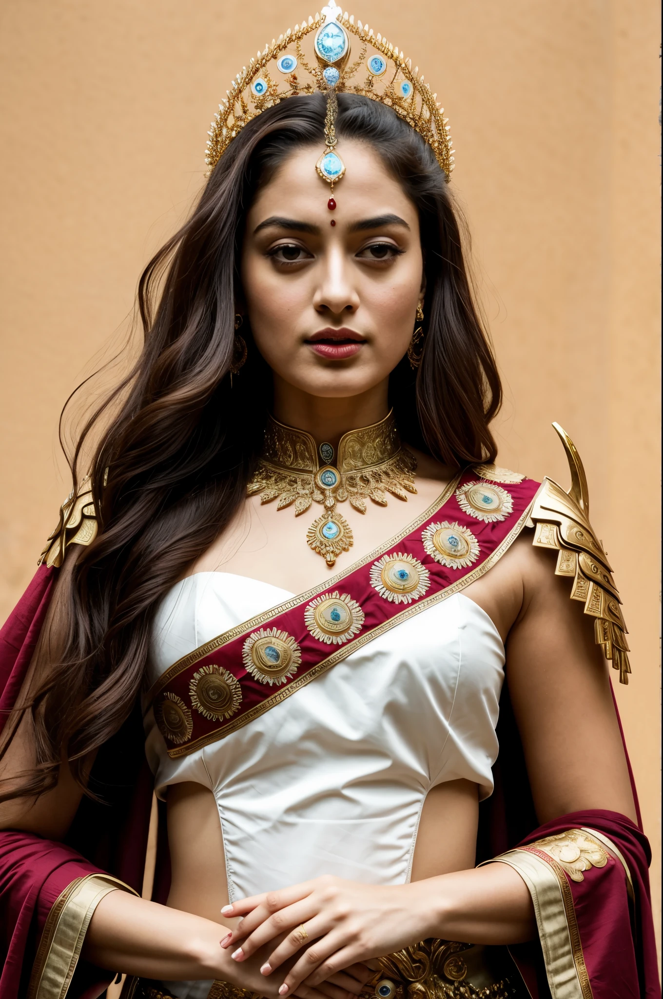 Looks like Sandeepa Dhar, "Design an illustration of a stunning and powerful warrior queen with a regal presence. She should possess a combination of strength and grace. Imagine her in ornate, yet practical armor that complements her figure. The armor should be adorned with intricate details and symbols representing her royal lineage and warrior prowess. Her weapon of choice could be a unique and elegant sword or a mythical weapon that reflects her status as a formidable leader.

Her facial features should exude confidence and determination, with piercing eyes that convey both fierceness and wisdom. The queen's hair, whether long or short, should flow dynamically, hinting at her movement in battle. Consider incorporating elements that emphasize her connection to nature or a mythical realm, such as ethereal backgrounds, symbolic animals, or mystical symbols.

Pay attention to the color palette; use rich, bold colors that enhance her royal aura. Experiment with lighting to highlight specific details and create a sense of drama. Ensure that her posture and expression capture the essence of a queen who commands respect and admiration. Feel free to draw inspiration from historical warrior queens or fictional characters, blending elements to create a unique and captivating image."