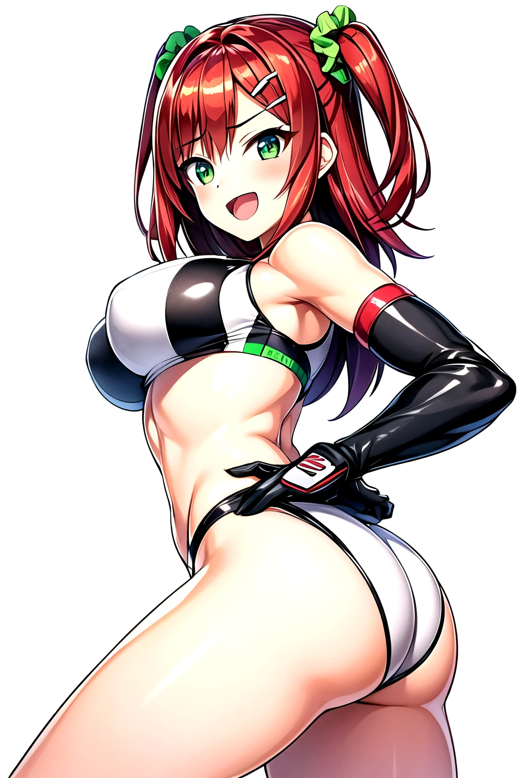 sakimiyairuka, one side up, green scrunchie, hair ornament, red hair, green eyes, perfect face, shiny skin, masterpiece, best quality, ultra-detailed, professional lighting, large ass,Firm stomach,groin, Race Queen,circuit