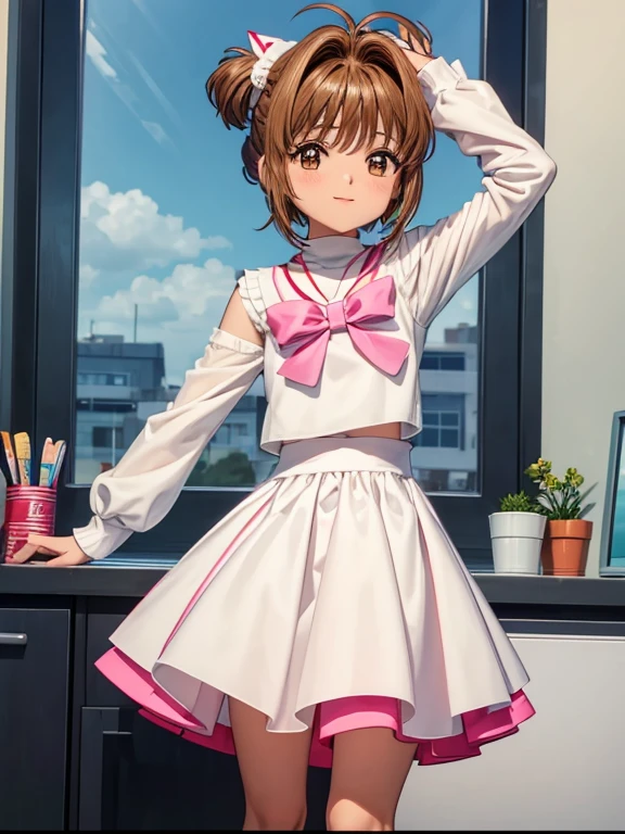 shoulder sweater, pelo corto y rizado, coletero para el cabello, colas gemelas, linda pose、Television commercial style pose., Card Captor Sakura,ropa interior blanca, Sole, Torn Transparent Kindergarten Uniform, Pies detallados,  sonrisa, embarazoso,